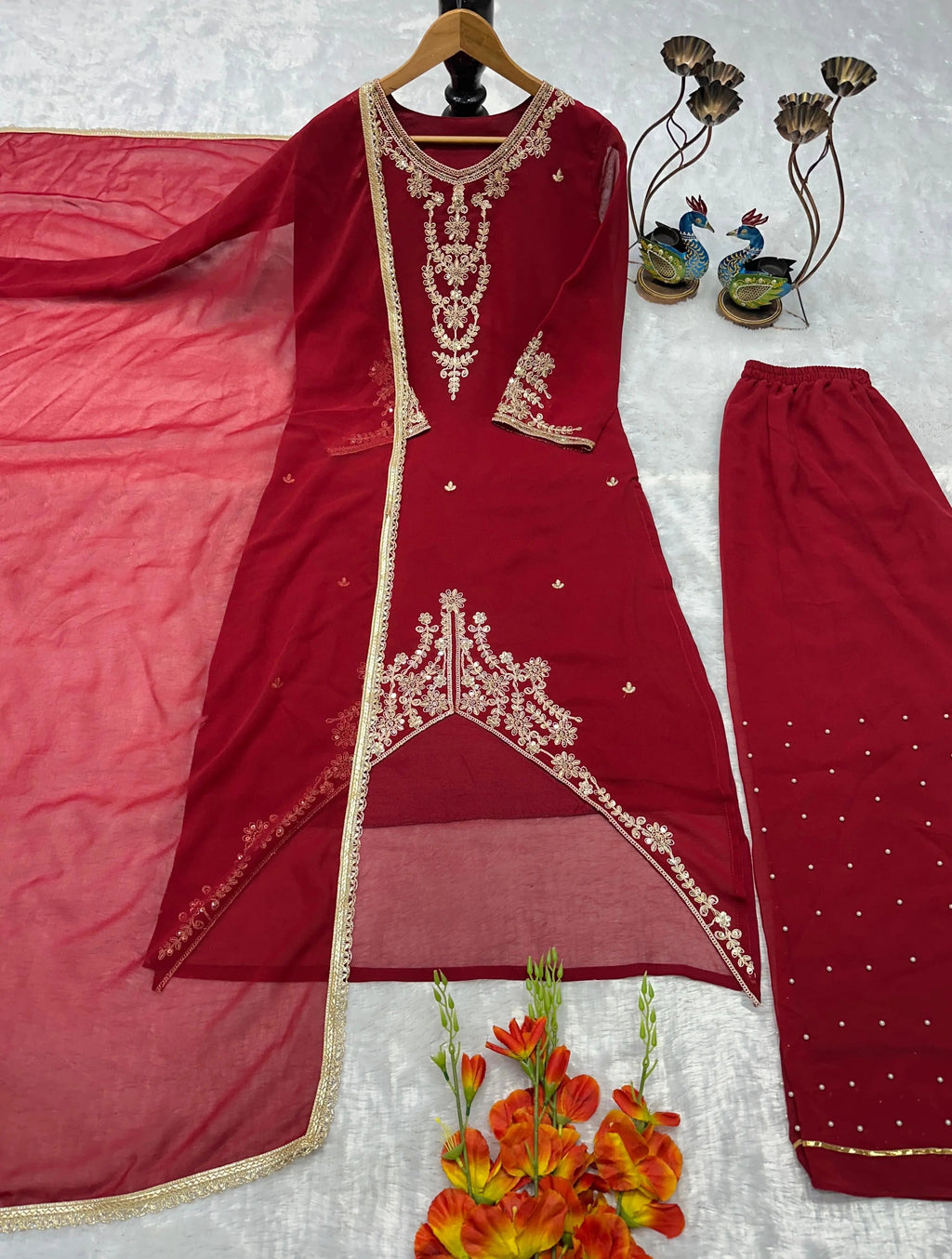 Faux Georgette Designer Ready Wear Kurti Pallazo Dupatta Set