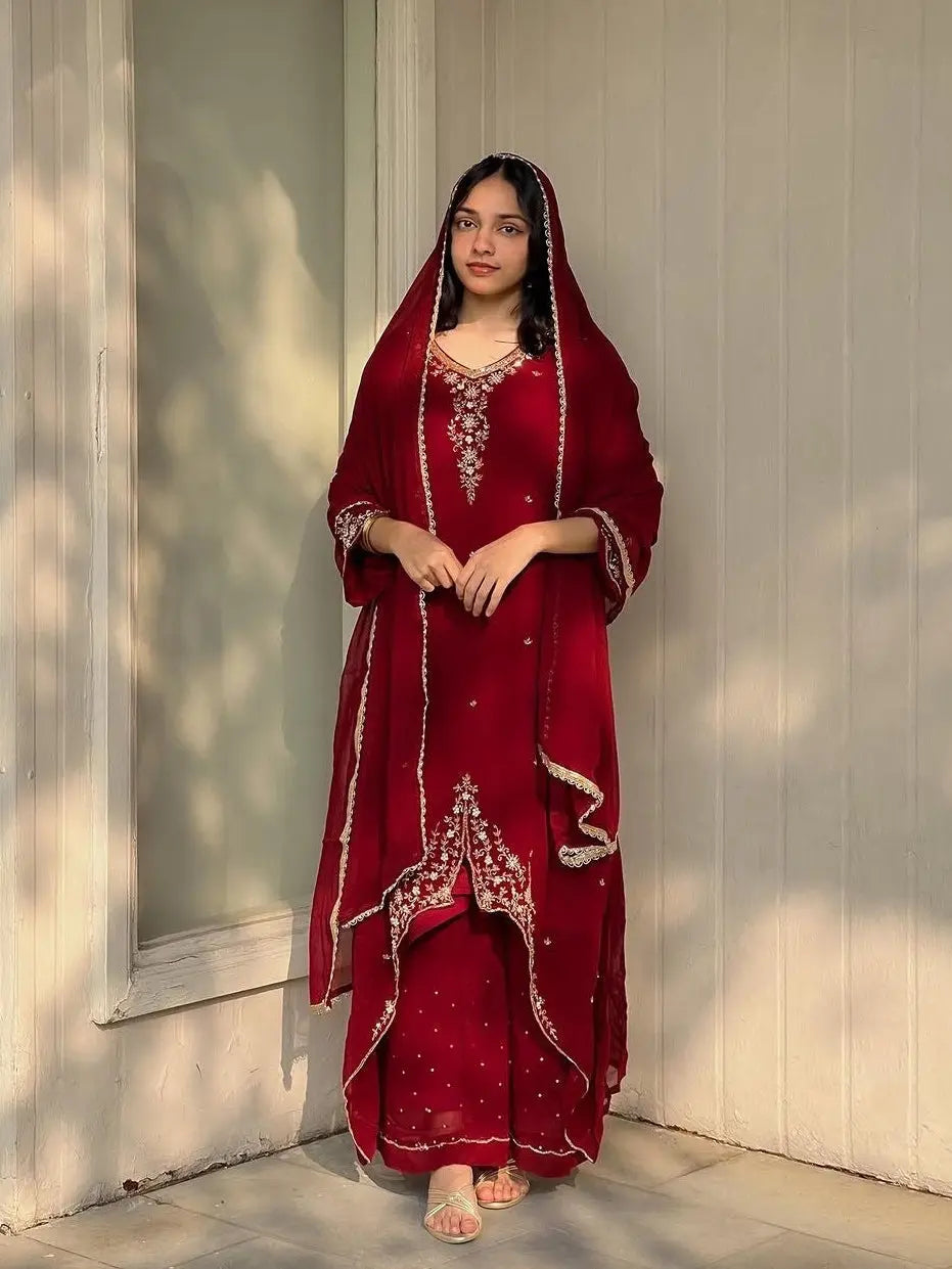 Faux Georgette Designer Ready Wear Kurti Pallazo Dupatta Set