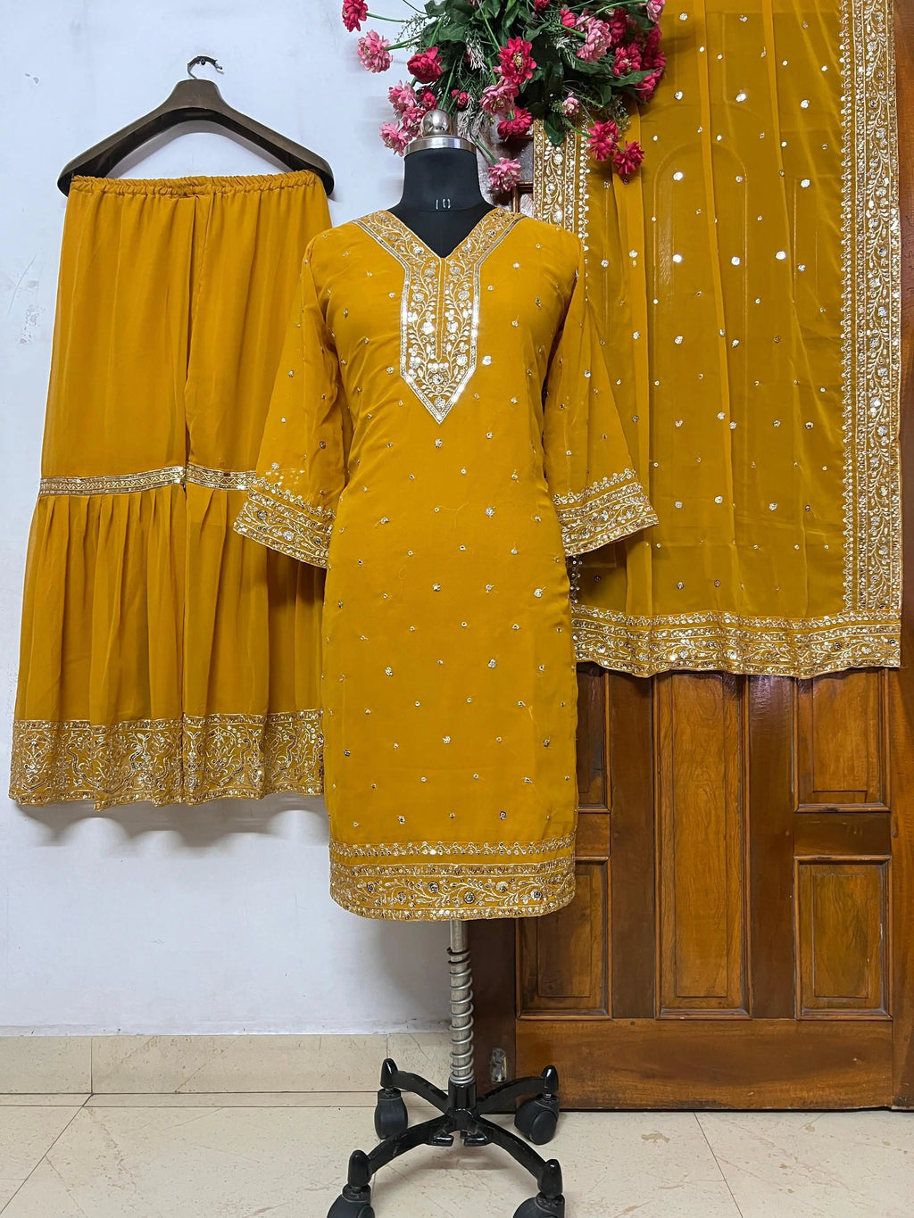 Faux Georgette Haldi Ceremony Dress (Ready to Wear)