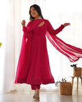 Faux Georgette Leheriya Print Anarkali 4M Flair Kurti Pant Dupatta Set (Ready To Wear)