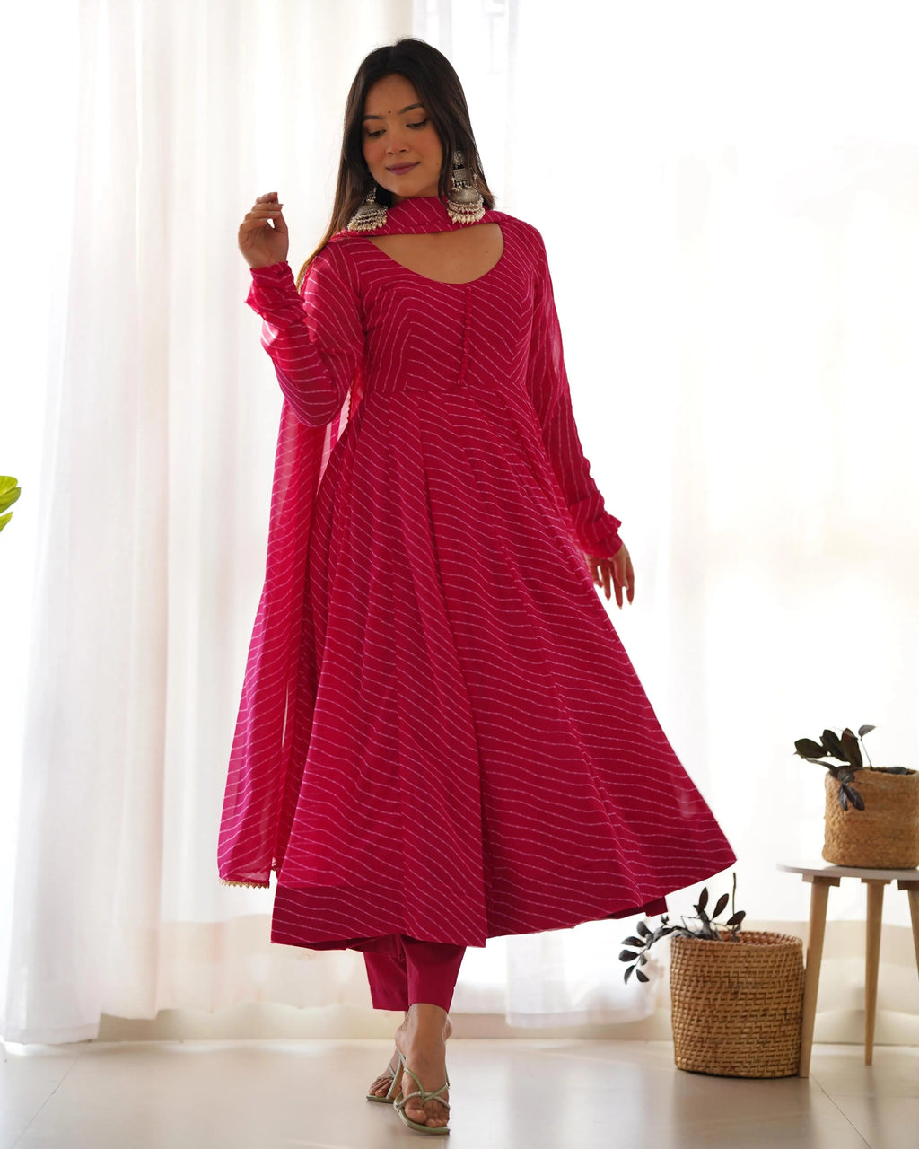 Faux Georgette Leheriya Print Anarkali 4M Flair Kurti Pant Dupatta Set (Ready To Wear)