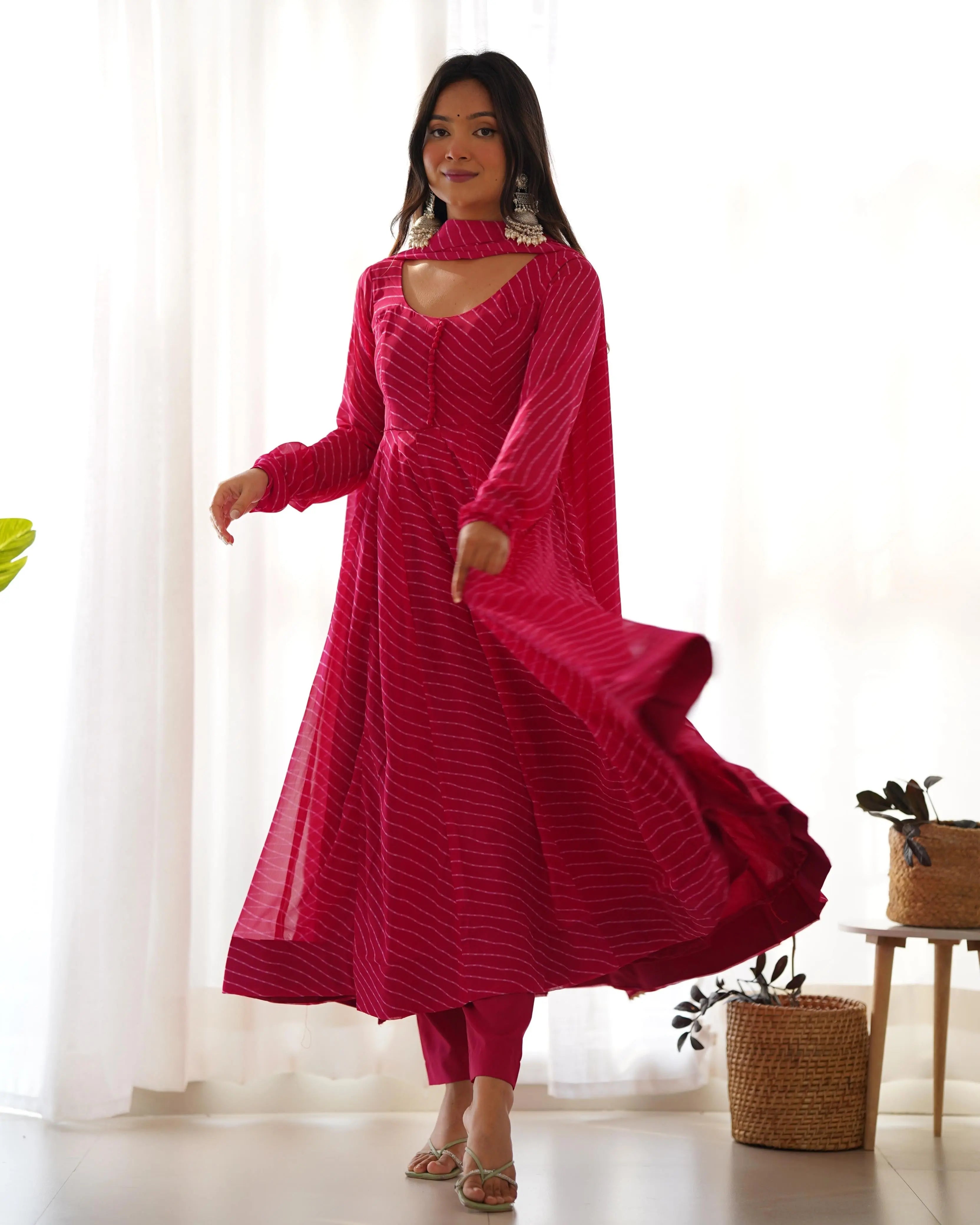 Faux Georgette Leheriya Print Anarkali 4M Flair Kurti Pant Dupatta Set (Ready To Wear)