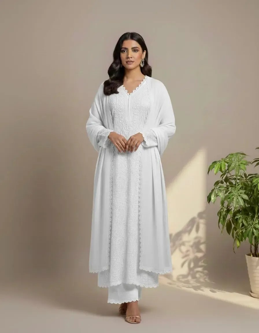 Faux Georgette Ready Wear Chikankari Kurti Pallazo Set