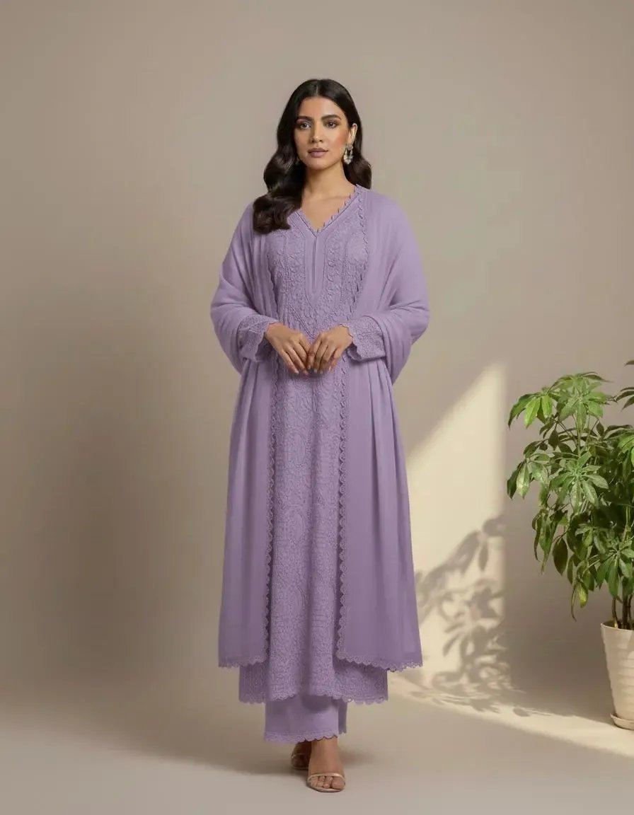 Faux Georgette Ready Wear Chikankari Kurti Pallazo Set