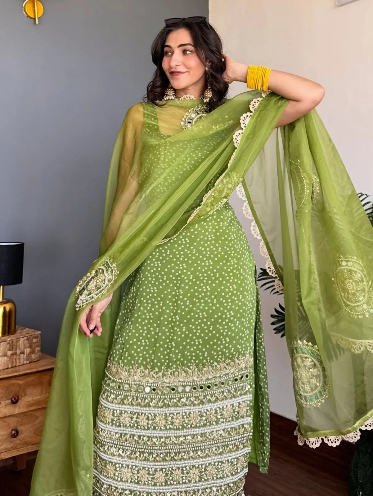 Faux Georgette Real Moti Mirror Work Bandhani Print Kurti Pant Dupatta Set (Ready to Wear)