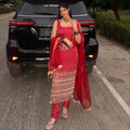 Faux Georgette Real Moti Mirror Work Bandhani Print Kurti Pant Dupatta Set (Ready to Wear)