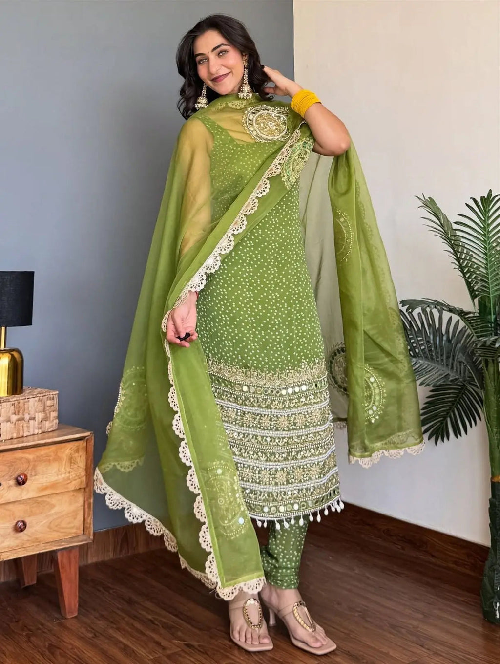 Faux Georgette Real Moti Mirror Work Bandhani Print Kurti Pant Dupatta Set (Ready to Wear)