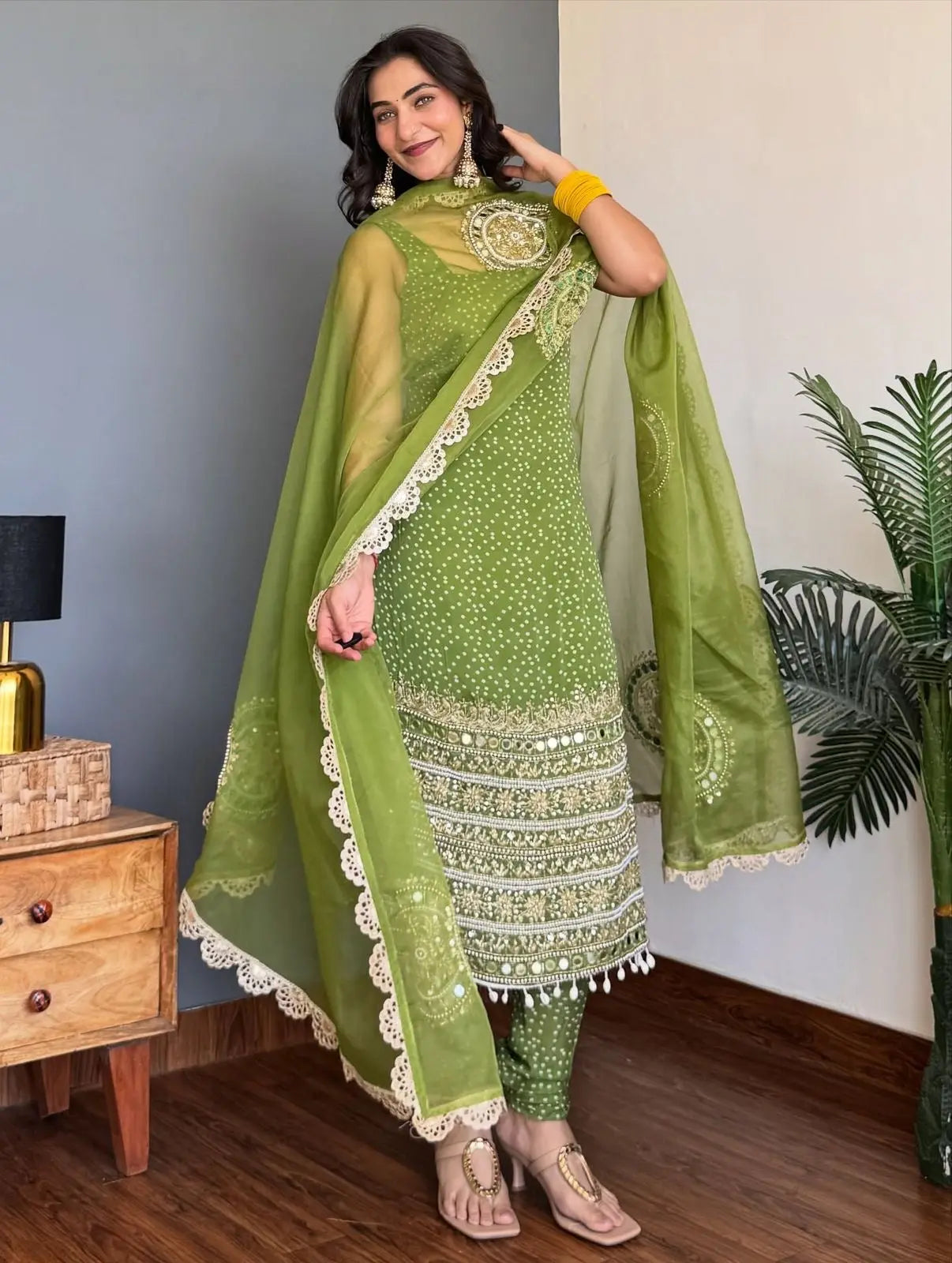 Faux Georgette Real Moti Mirror Work Bandhani Print Kurti Pant Dupatta Set (Ready to Wear)