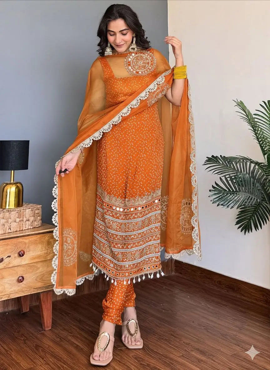 Faux Georgette Real Moti Mirror Work Bandhani Print Kurti Pant Dupatta Set (Ready to Wear)