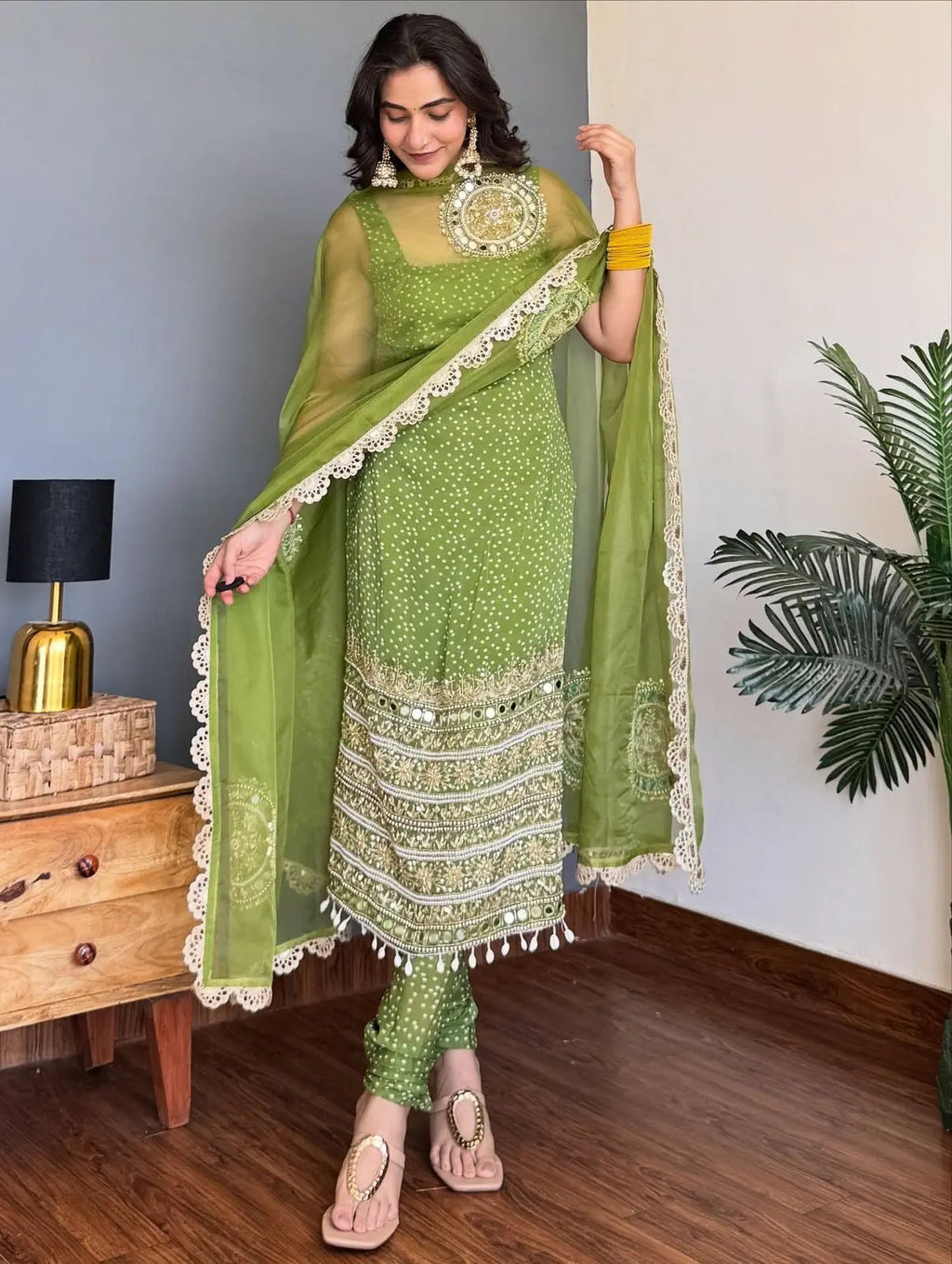 Faux Georgette Real Moti Mirror Work Bandhani Print Kurti Pant Dupatta Set (Ready to Wear)