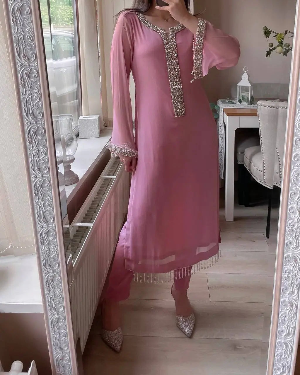 Faux Georgette Real Moti Work Kurti Pant Dupatta Set (Stitched)