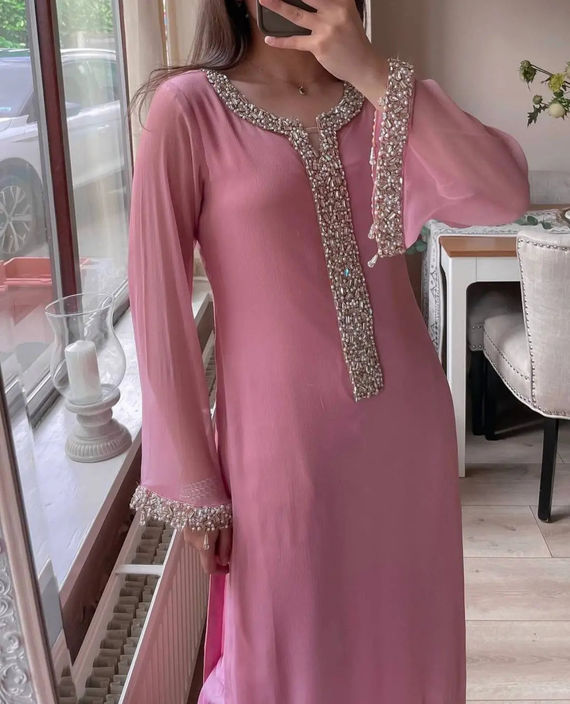 Faux Georgette Real Moti Work Kurti Pant Dupatta Set (Stitched)