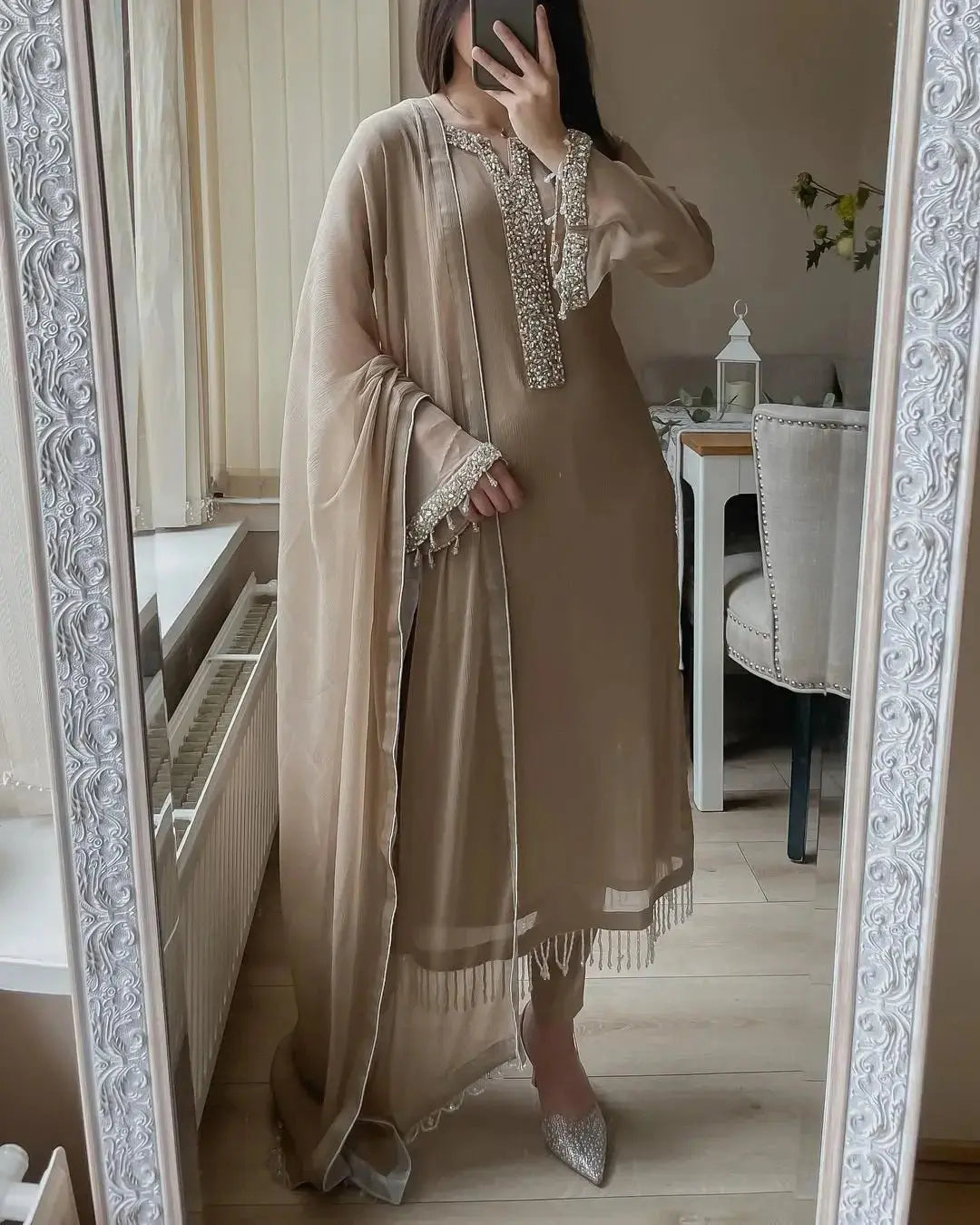 Faux Georgette Real Moti Work Kurti Pant Dupatta Set (Stitched)
