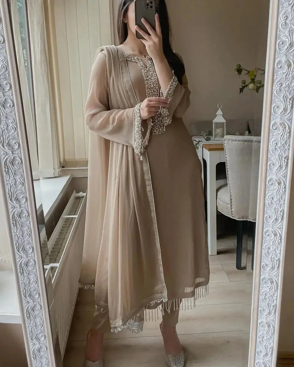 Faux Georgette Real Moti Work Kurti Pant Dupatta Set (Stitched)