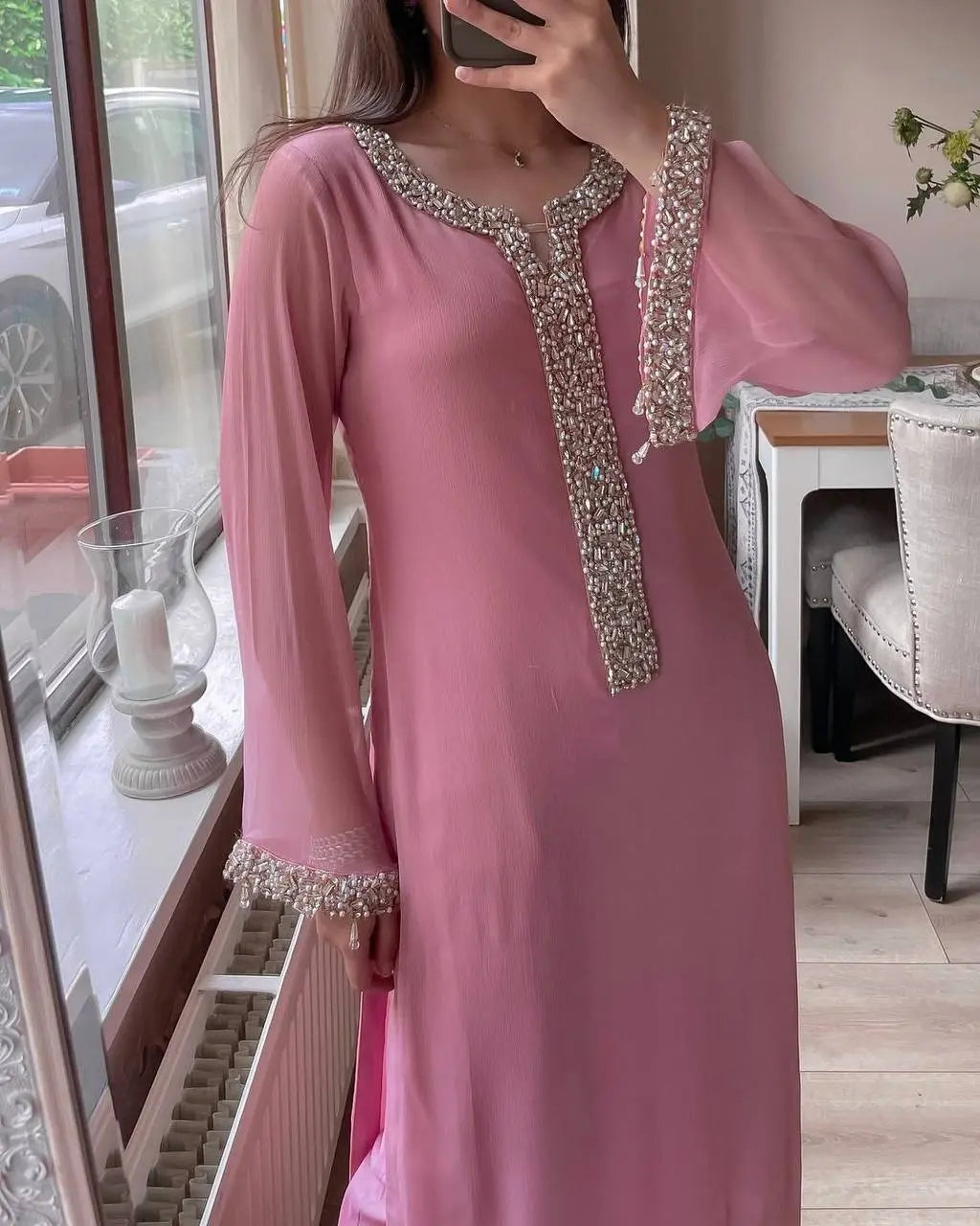 Faux Georgette Real Moti Work Kurti Pant Dupatta Set (Stitched)