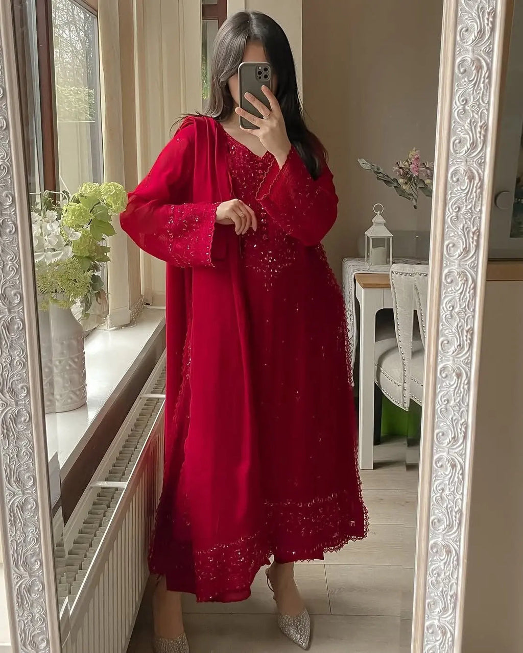 Faux Georgette Sequence Embroidery Work Designer Kurti Palazzo Dupatta Set (Ready to Wear)