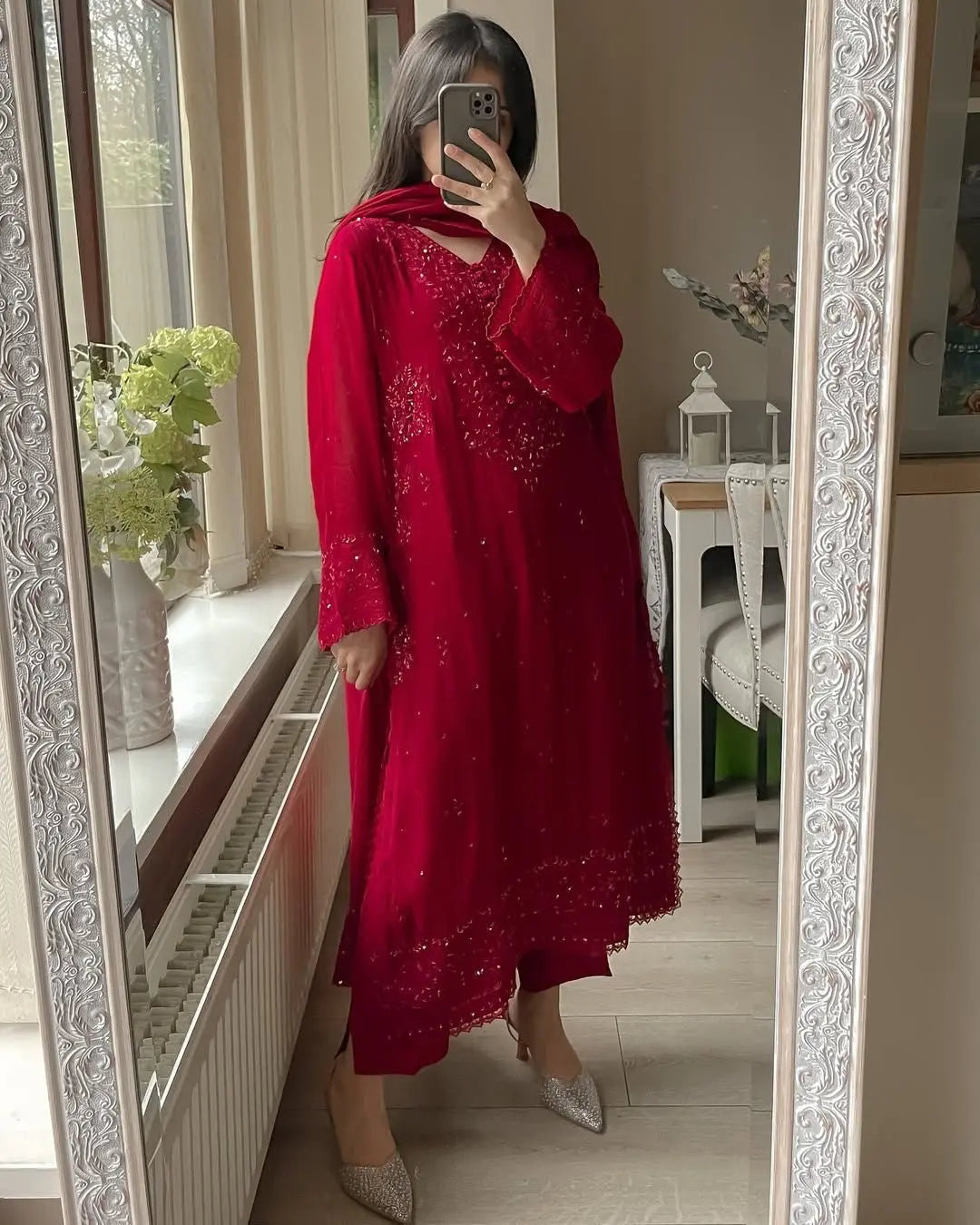 Faux Georgette Sequence Embroidery Work Designer Kurti Palazzo Dupatta Set (Ready to Wear)