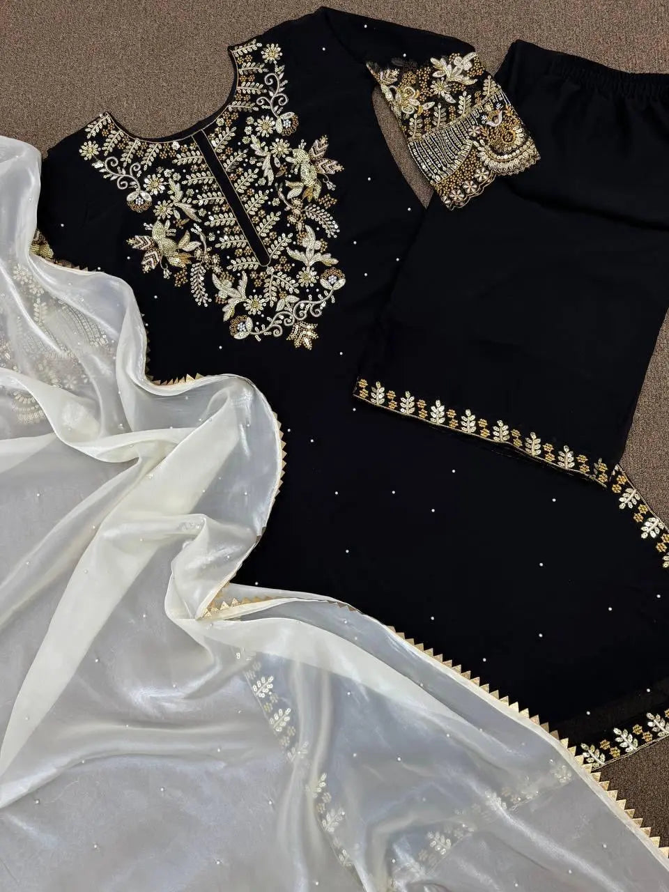 Faux Georgette Sequence Embroidery Work Designer Kurti Pant Dupatta Set