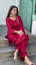 Faux Georgette Sequence Embroidery Work Designer Kurti Pant Dupatta Set (Ready to Wear)