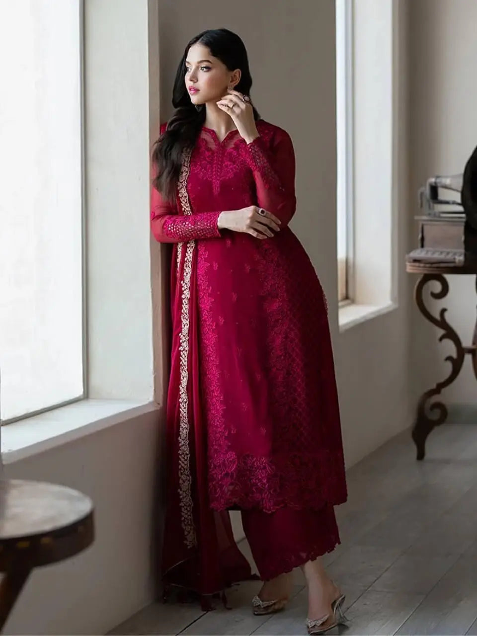 Faux Georgette Sequence Embroidery Work Designer Party Wear Kurti Pant Dupatta Set (Ready to Wear)