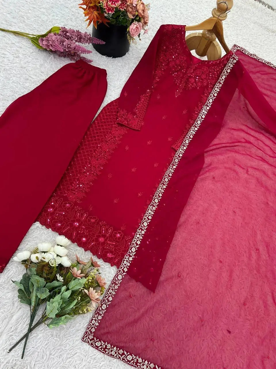 Faux Georgette Sequence Embroidery Work Designer Party Wear Kurti Pant Dupatta Set (Ready to Wear)