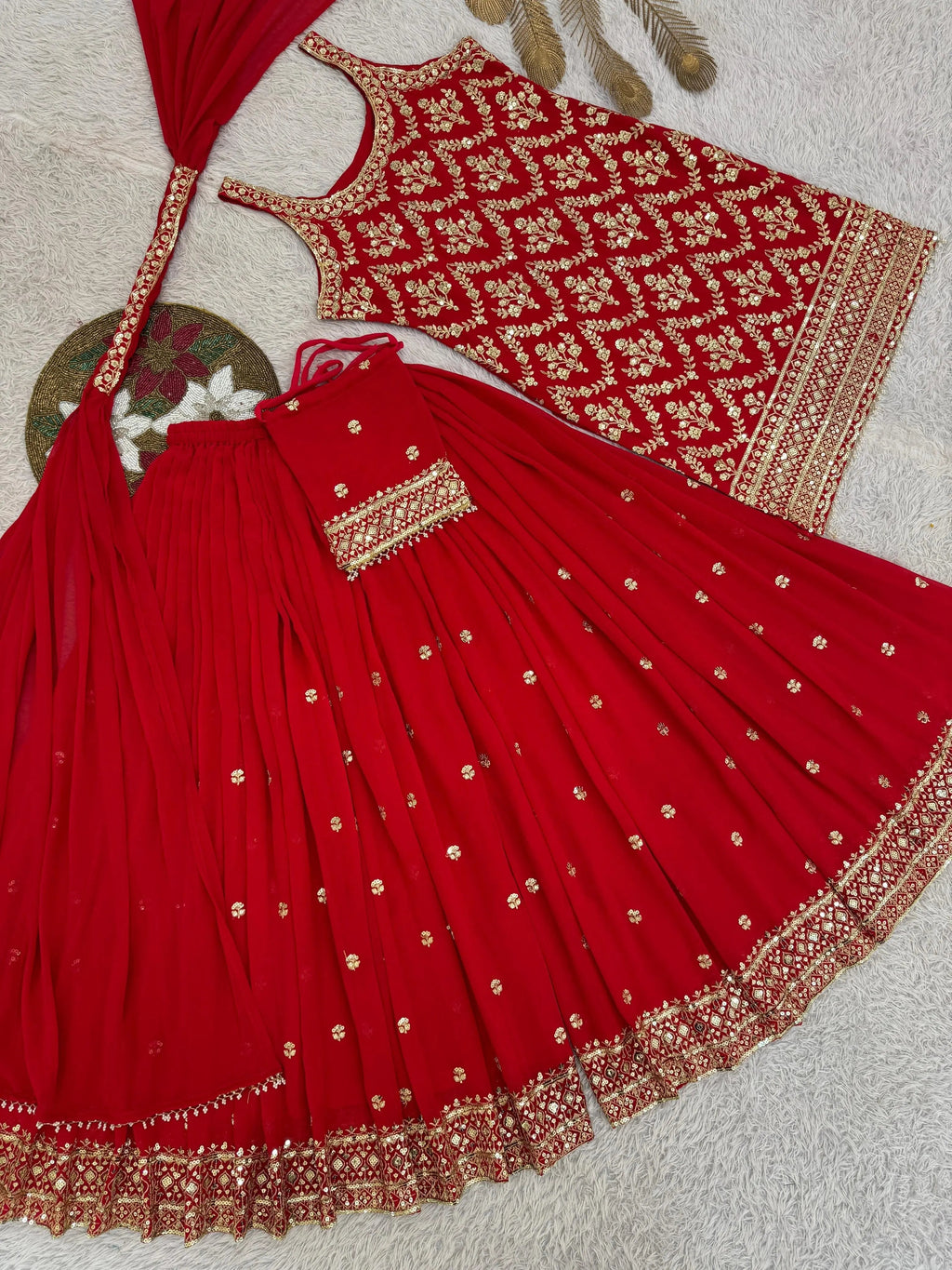 Faux Georgette Sequence Embroidery Work Sleeveless Kurti Sharara Dupatta with Bag Set(Ready to Wear)