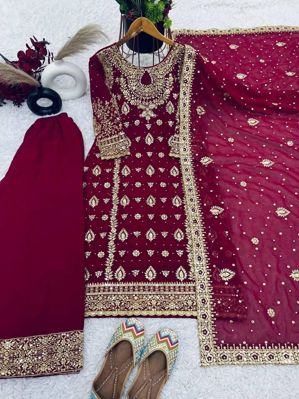 Faux Georgette Sequence Hand Moti and Embroidery work Party Wear Kurti Pant Dupatta Set (Stitched)
