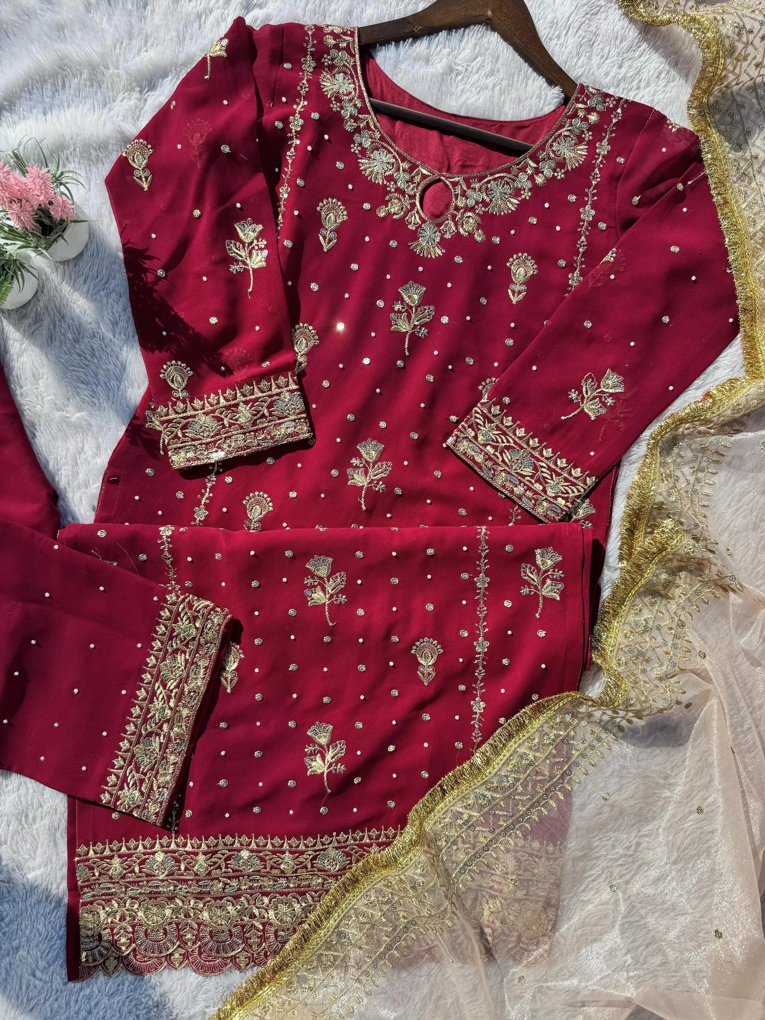 Faux Georgette Sequence Moti Work Eid Special Dress for women (Stitched)