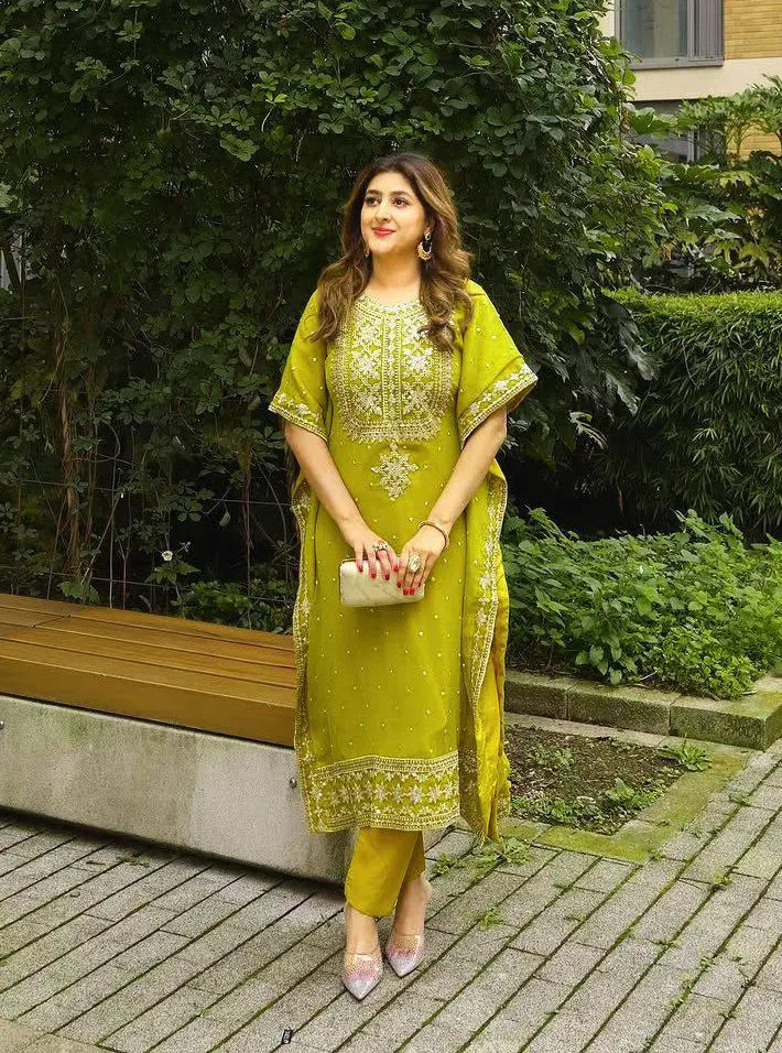 Faux Georgette Zari Embroidery Work Designer Kurti Pant Dupatta Set (Ready to Wear)