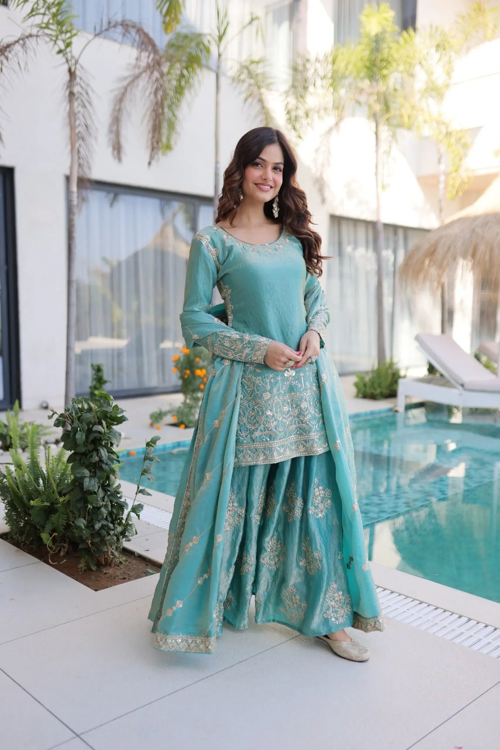 Fendi Silk Crush Sequence Embroidery Work Designer Kurti Sharara Dupatta Set