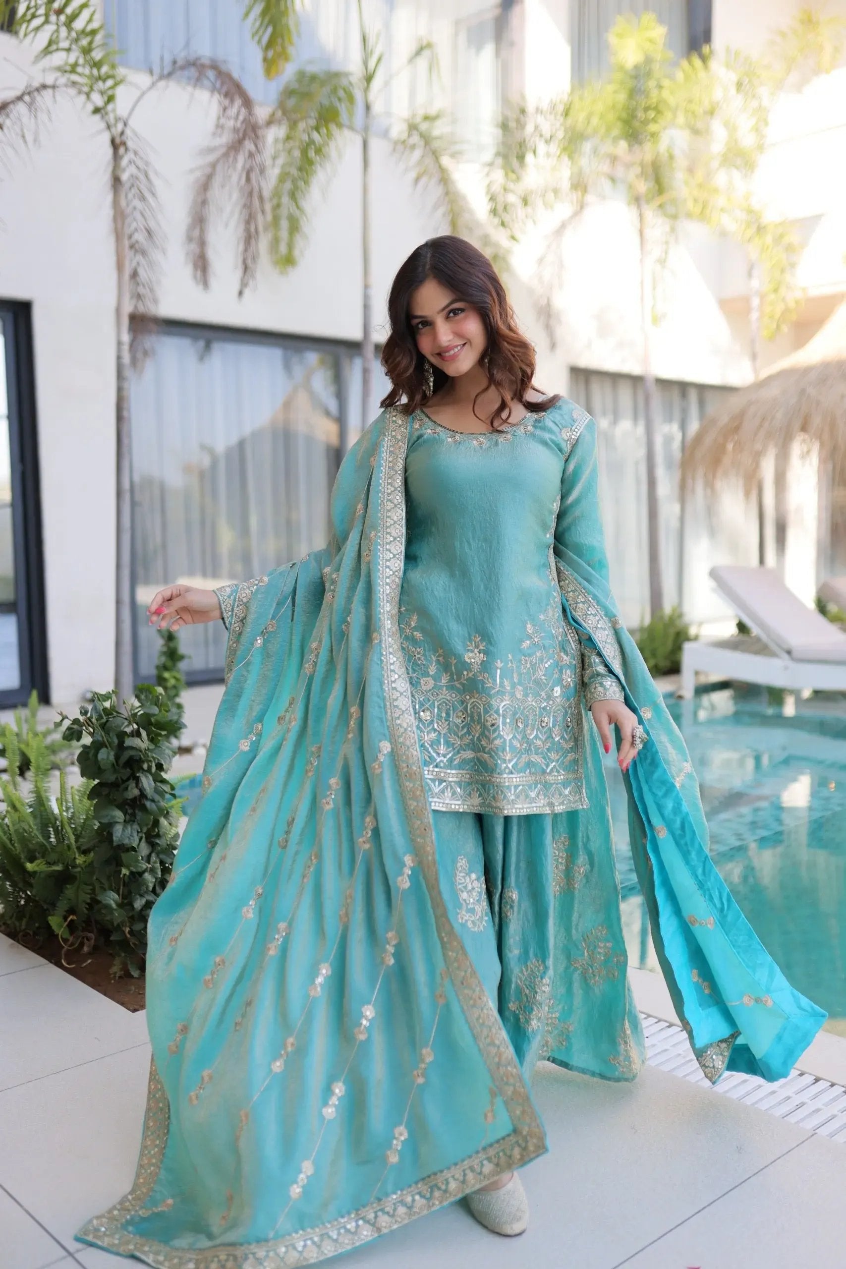 Fendi Silk Crush Sequence Embroidery Work Designer Kurti Sharara Dupatta Set