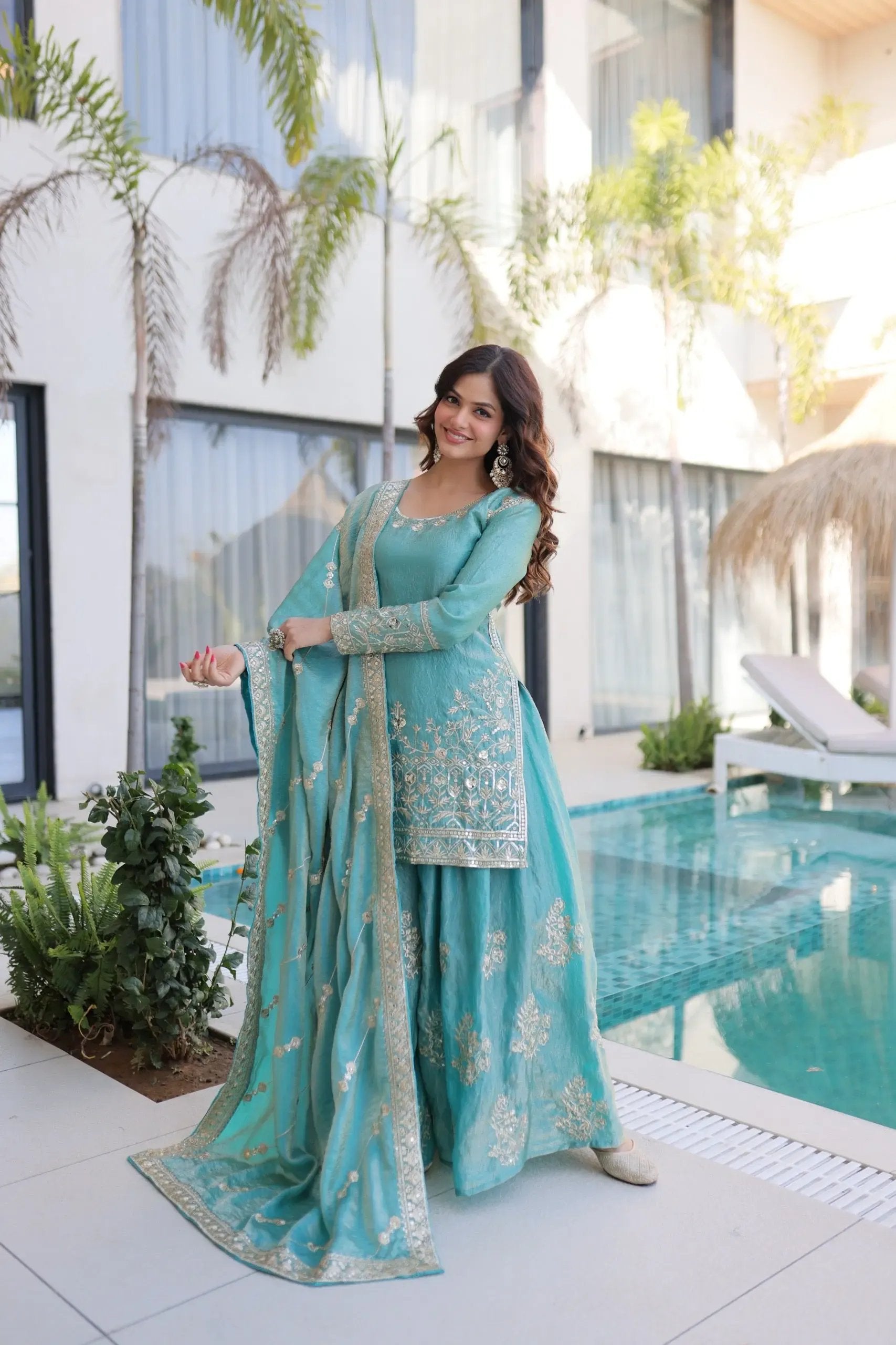 Fendi Silk Crush Sequence Embroidery Work Designer Kurti Sharara Dupatta Set