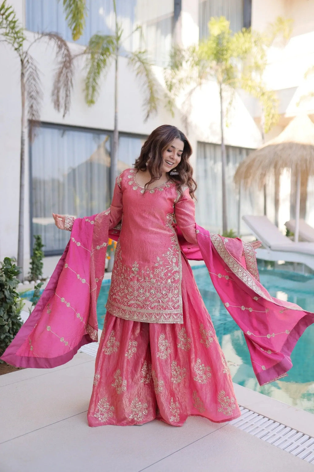 Fendi Silk Crush Sequence Embroidery Work Designer Kurti Sharara Dupatta Set