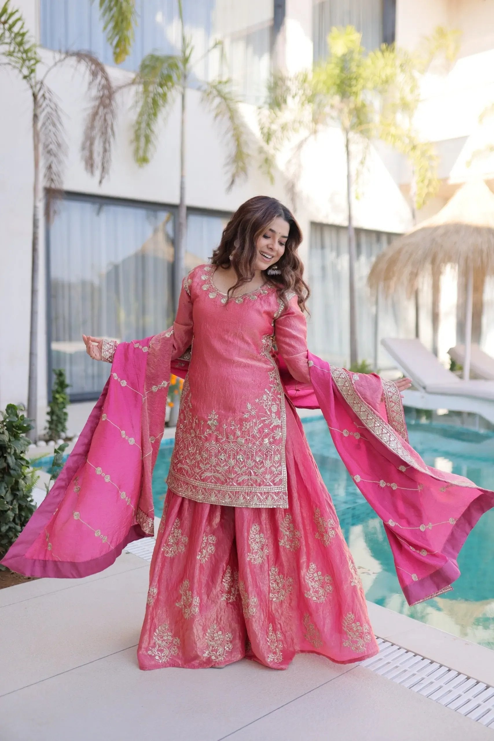 Fendi Silk Crush Sequence Embroidery Work Designer Kurti Sharara Dupatta Set