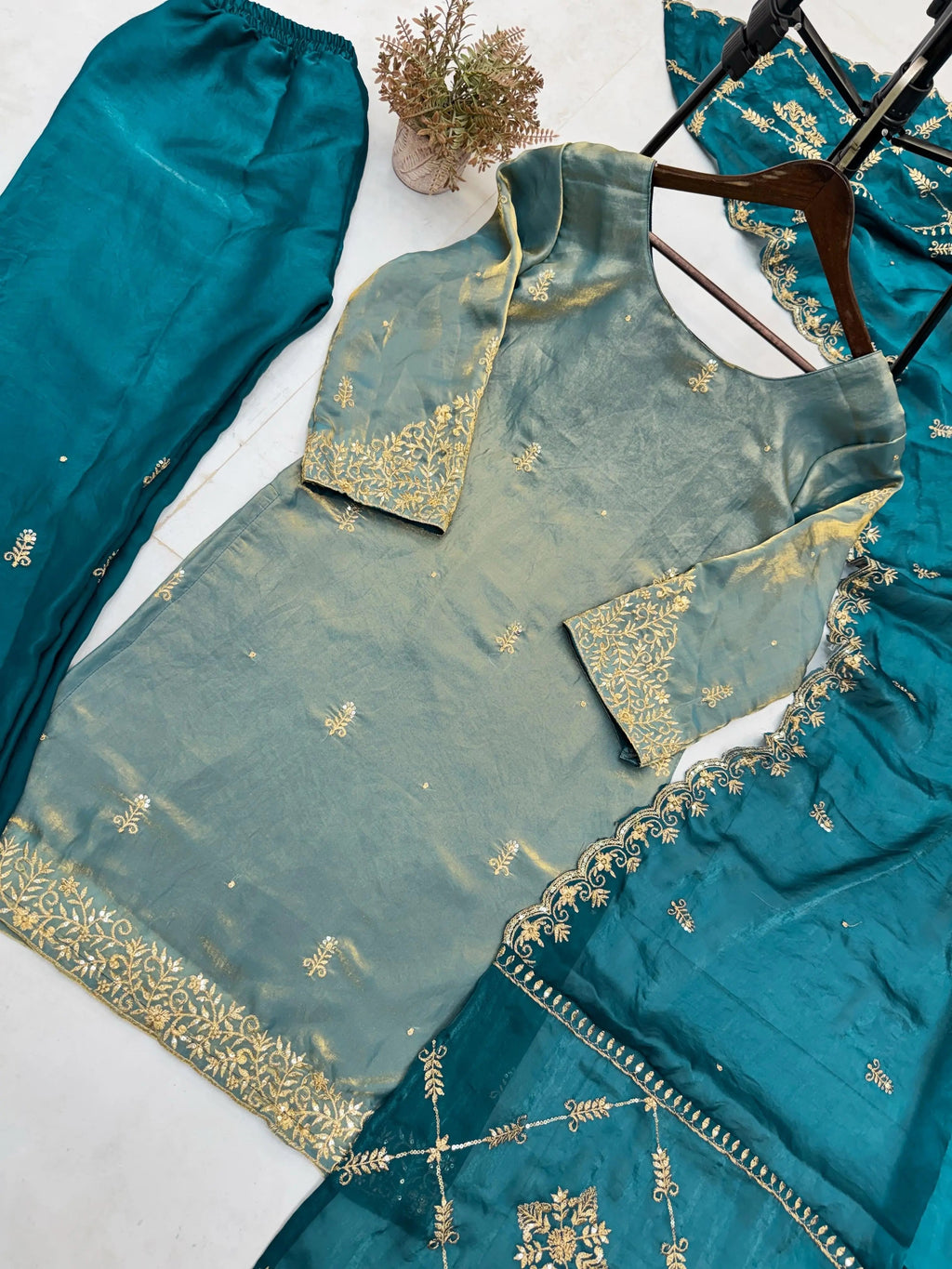 Fendi Silk Fabric Golden Hand Thread Embroidery work Kurti Palazzo Dupatta Set (Stitched)