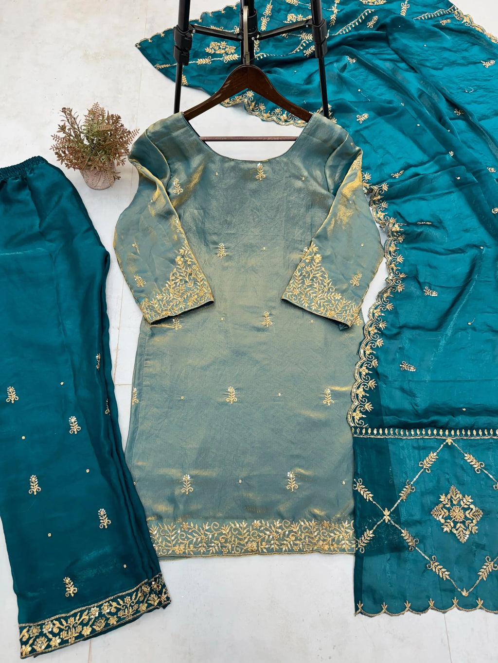 Fendi Silk Fabric Golden Hand Thread Embroidery work Kurti Palazzo Dupatta Set (Stitched)
