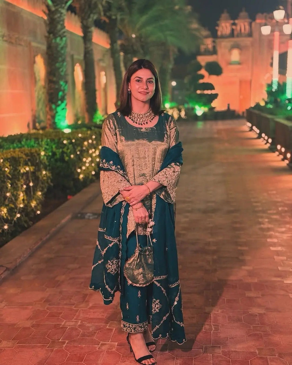 Fendi Silk Fabric Golden Hand Thread Embroidery work Kurti Palazzo Dupatta Set (Stitched)