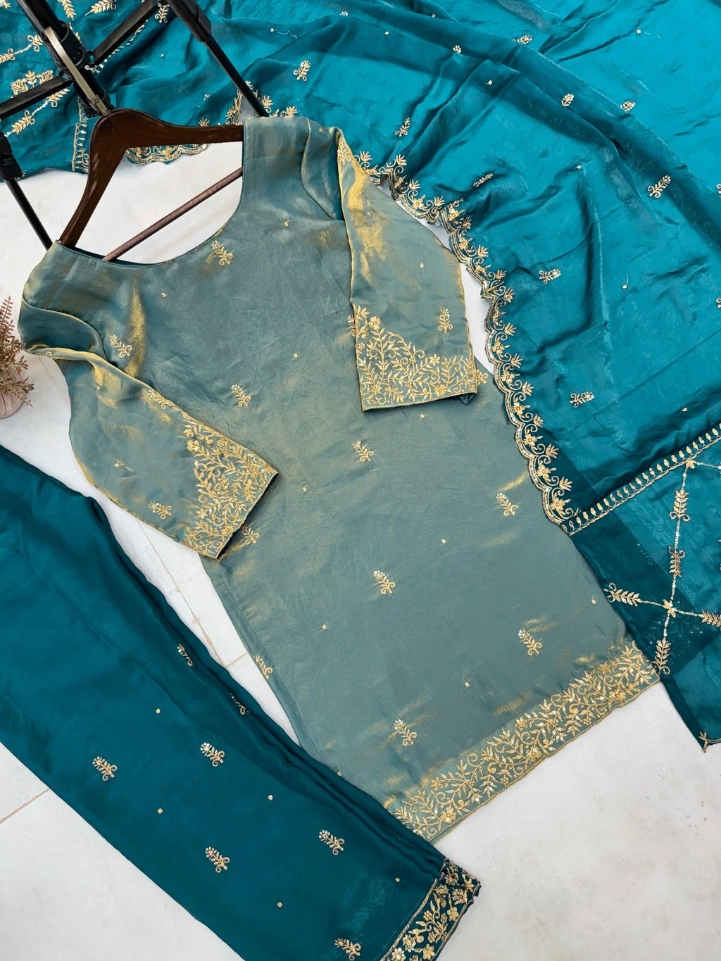 Fendi Silk Fabric Golden Hand Thread Embroidery work Kurti Palazzo Dupatta Set (Stitched)
