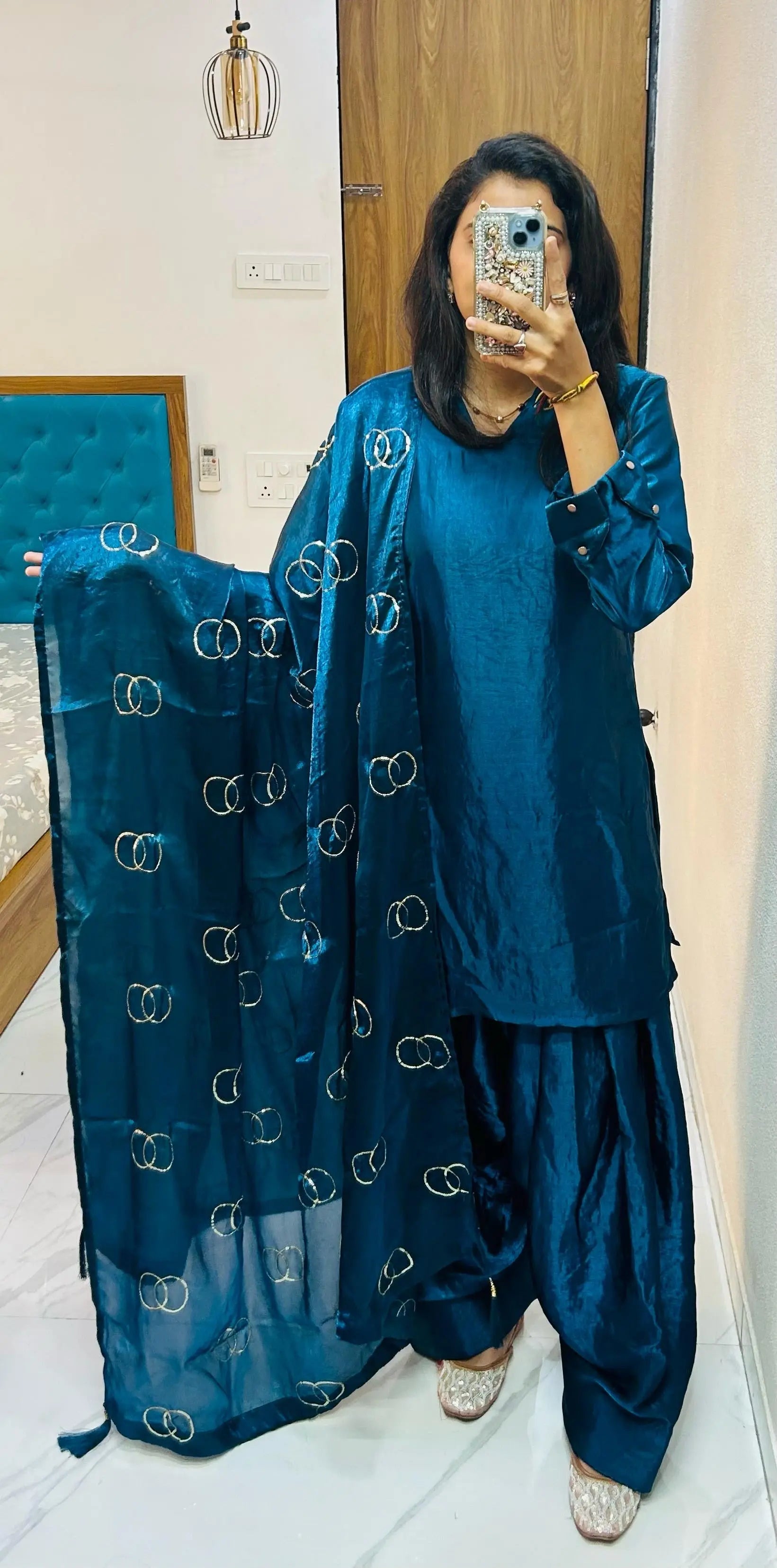 Fendi Silk Farsi Salwar designer Kurti Salwar Dupatta Set (Ready to Wear)