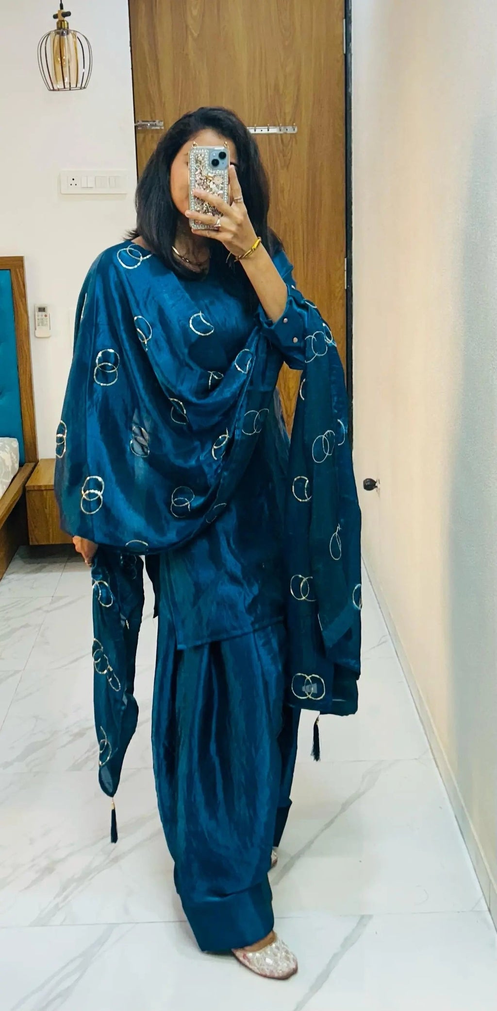 Fendi Silk Farsi Salwar designer Kurti Salwar Dupatta Set (Ready to Wear)