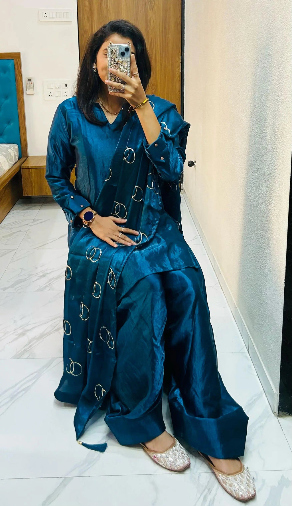 Fendi Silk Farsi Salwar designer Kurti Salwar Dupatta Set (Ready to Wear)