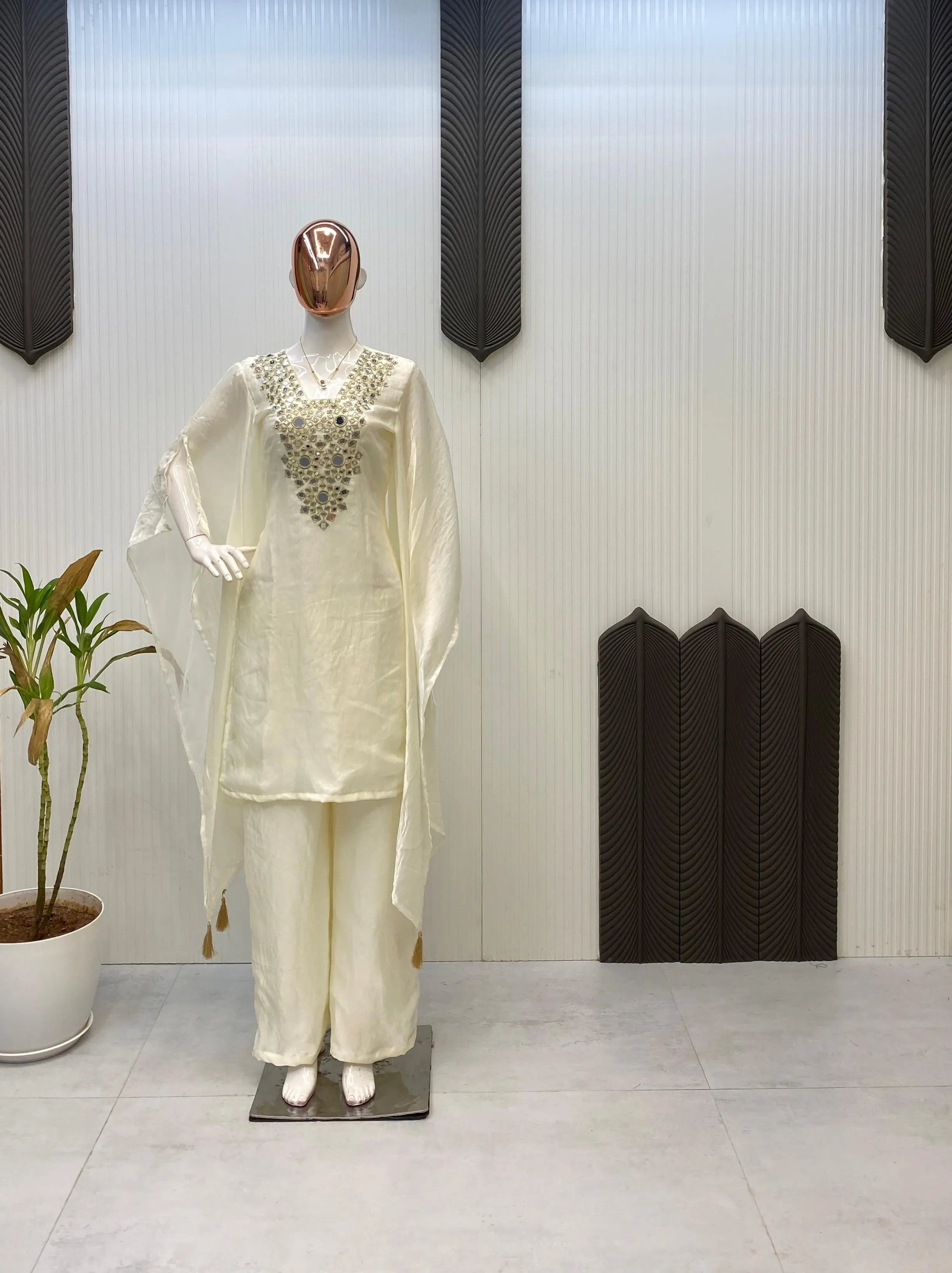Fendi Silk Neck Read Mirror Work Embroidery DesignerKurti Palazzo Set (Ready to Wear)