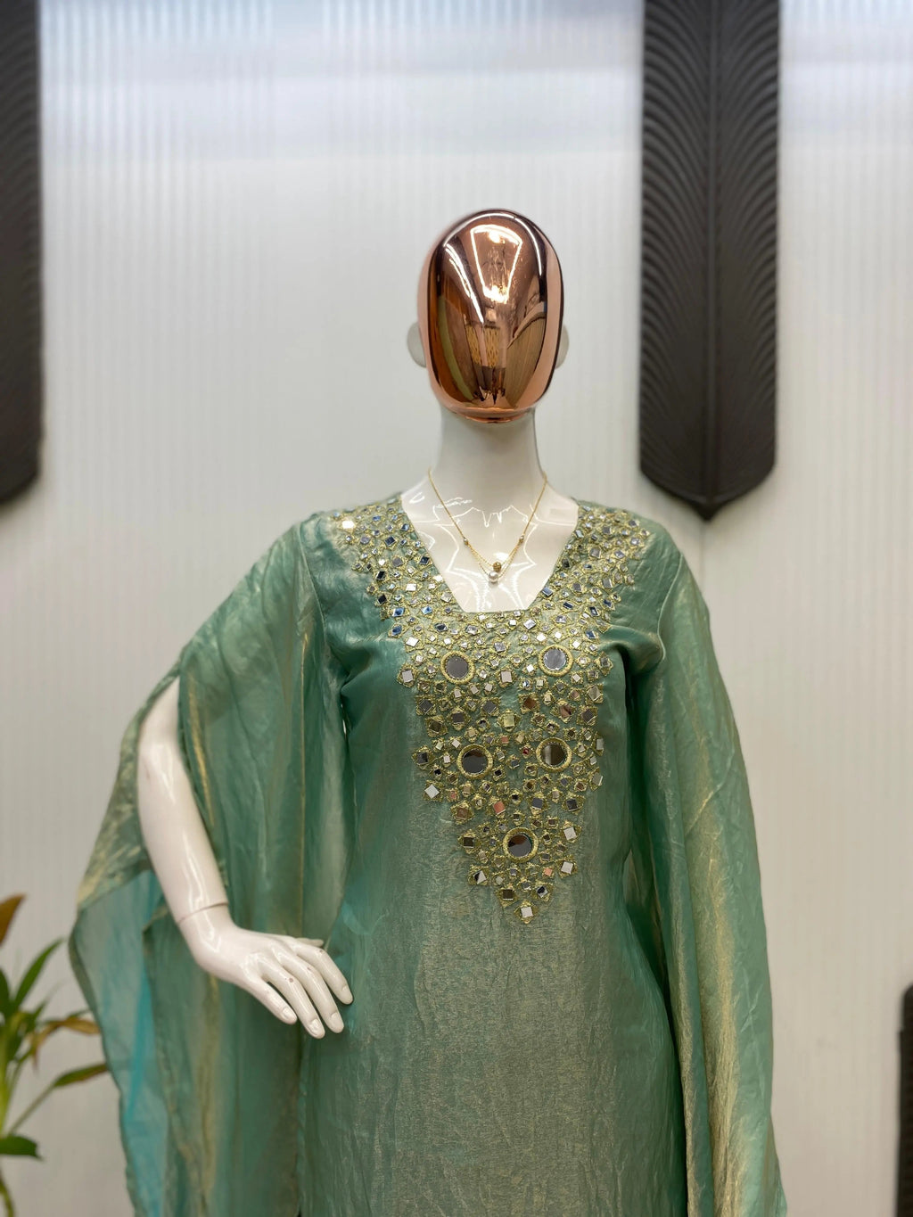 Fendi Silk Neck Read Mirror Work Embroidery DesignerKurti Palazzo Set (Ready to Wear)