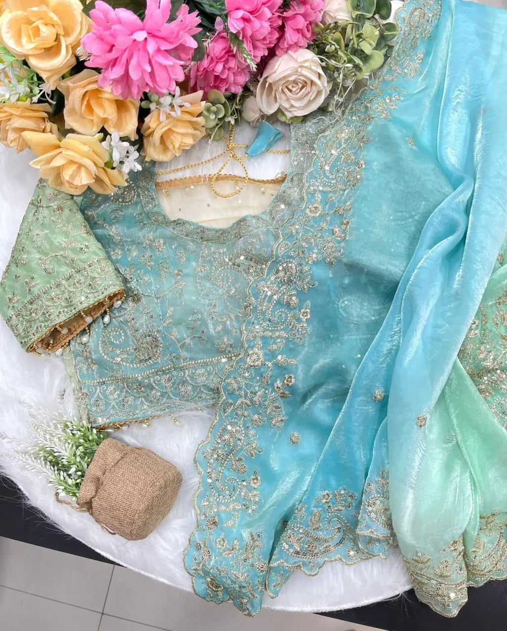 Fendy Silk C Pallu 3mm sequence embroidery work Saree