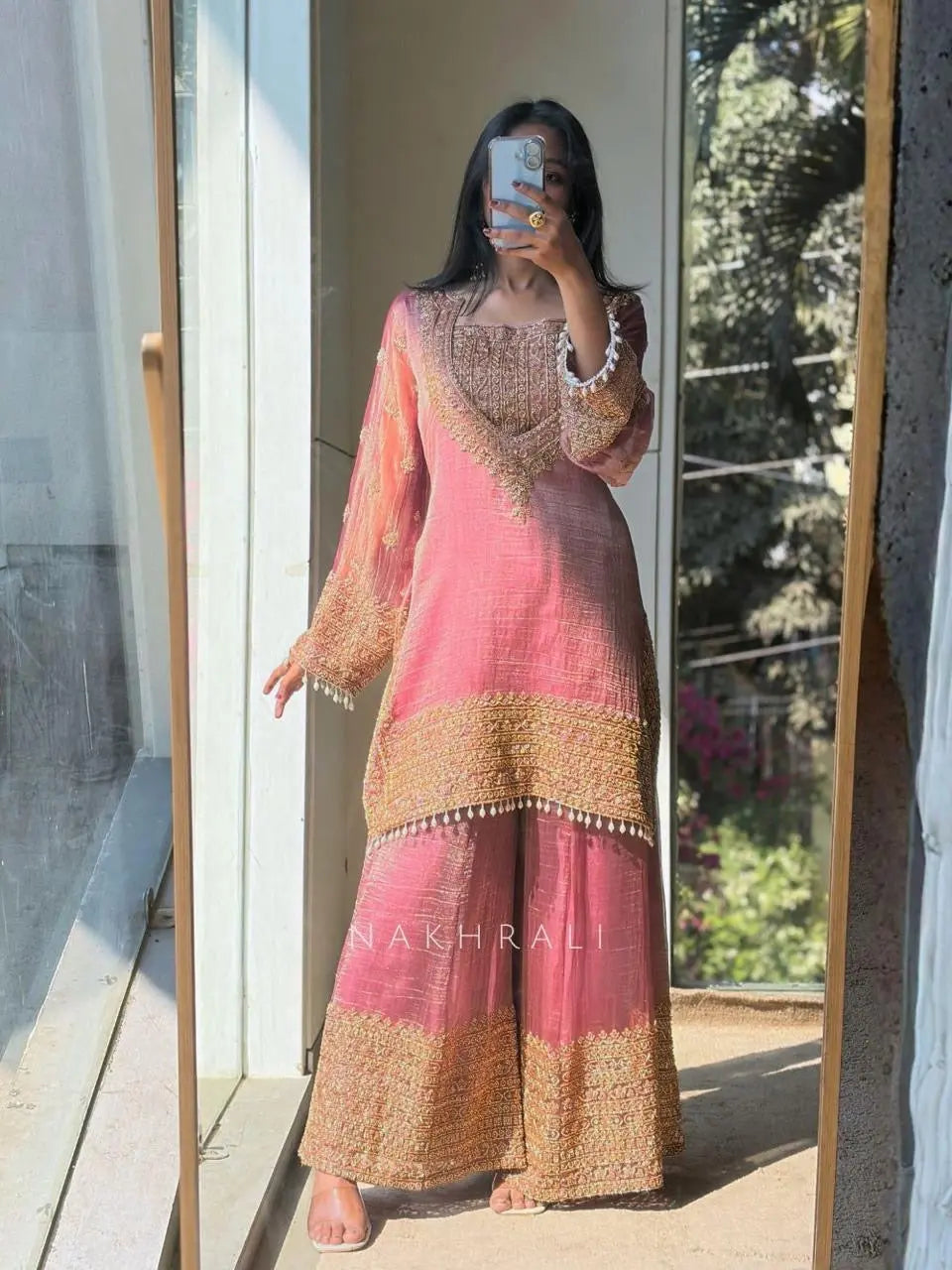Fendy Silk Designer Kurti Sharara Dupatta Set