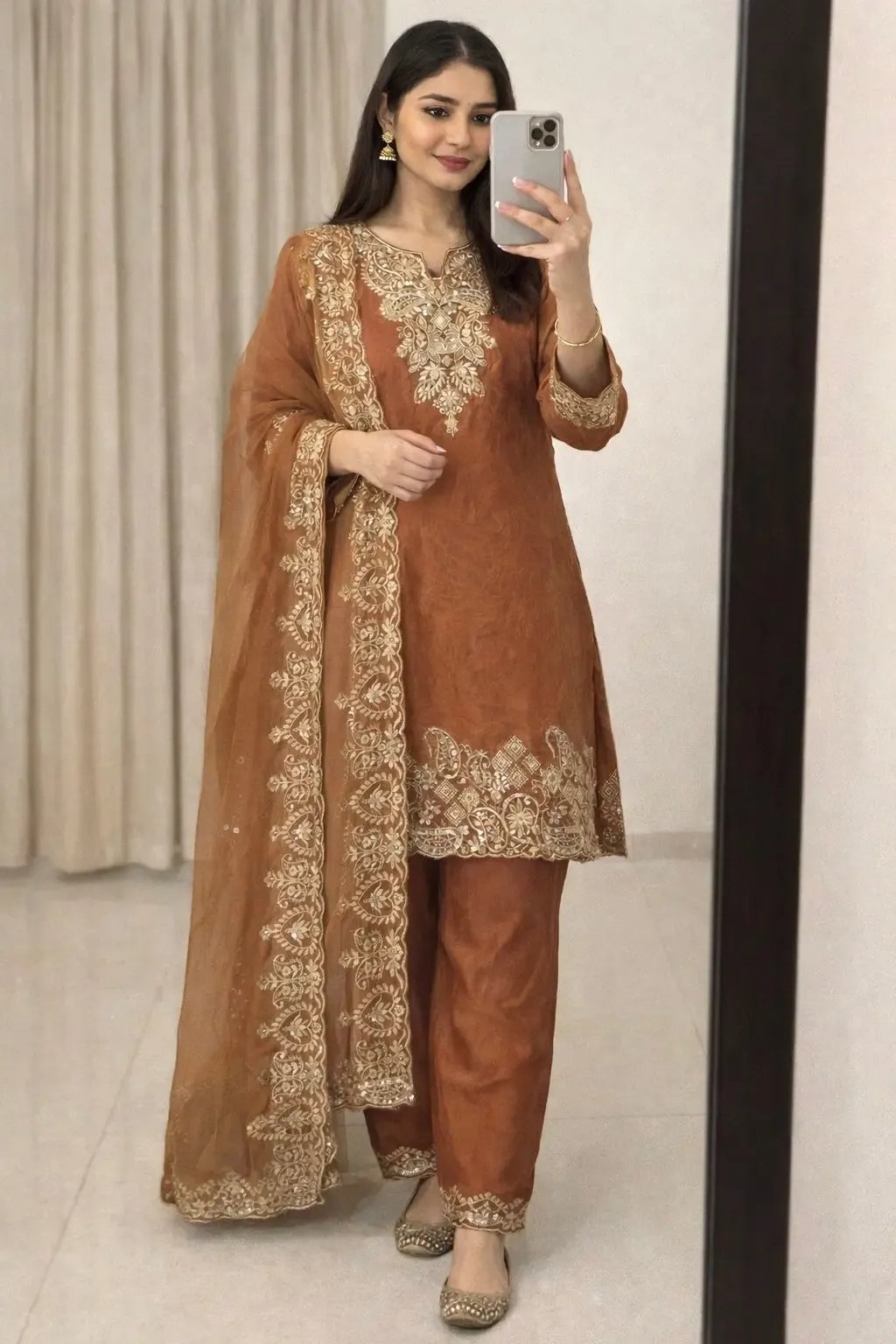 Fendy Silk Sequence Embroidery Work Knee Length Designer Kurti Pant Dupatta Set (Ready to Wear)