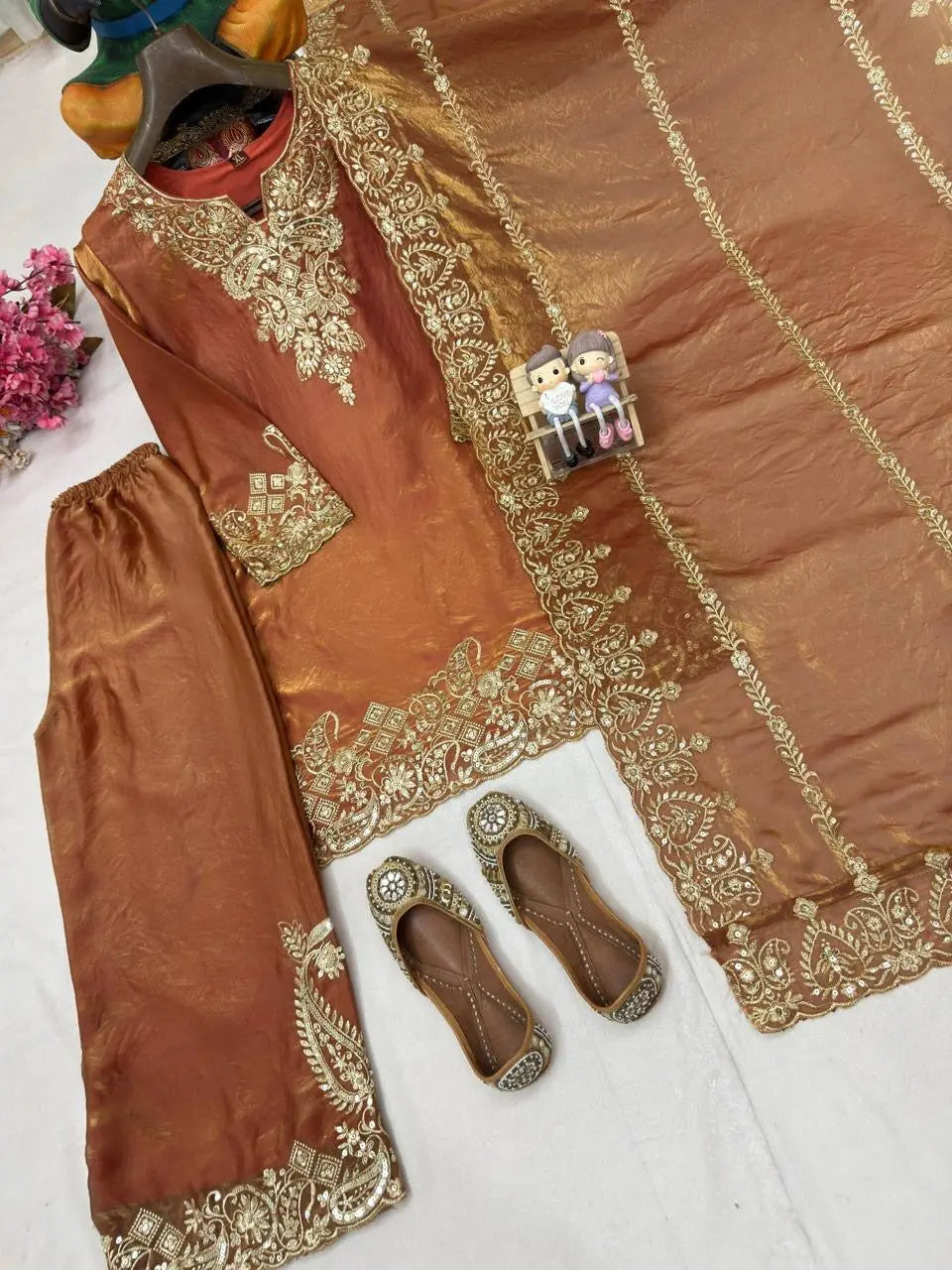 Fendy Silk Sequence Embroidery Work Knee Length Designer Kurti Pant Dupatta Set (Ready to Wear)