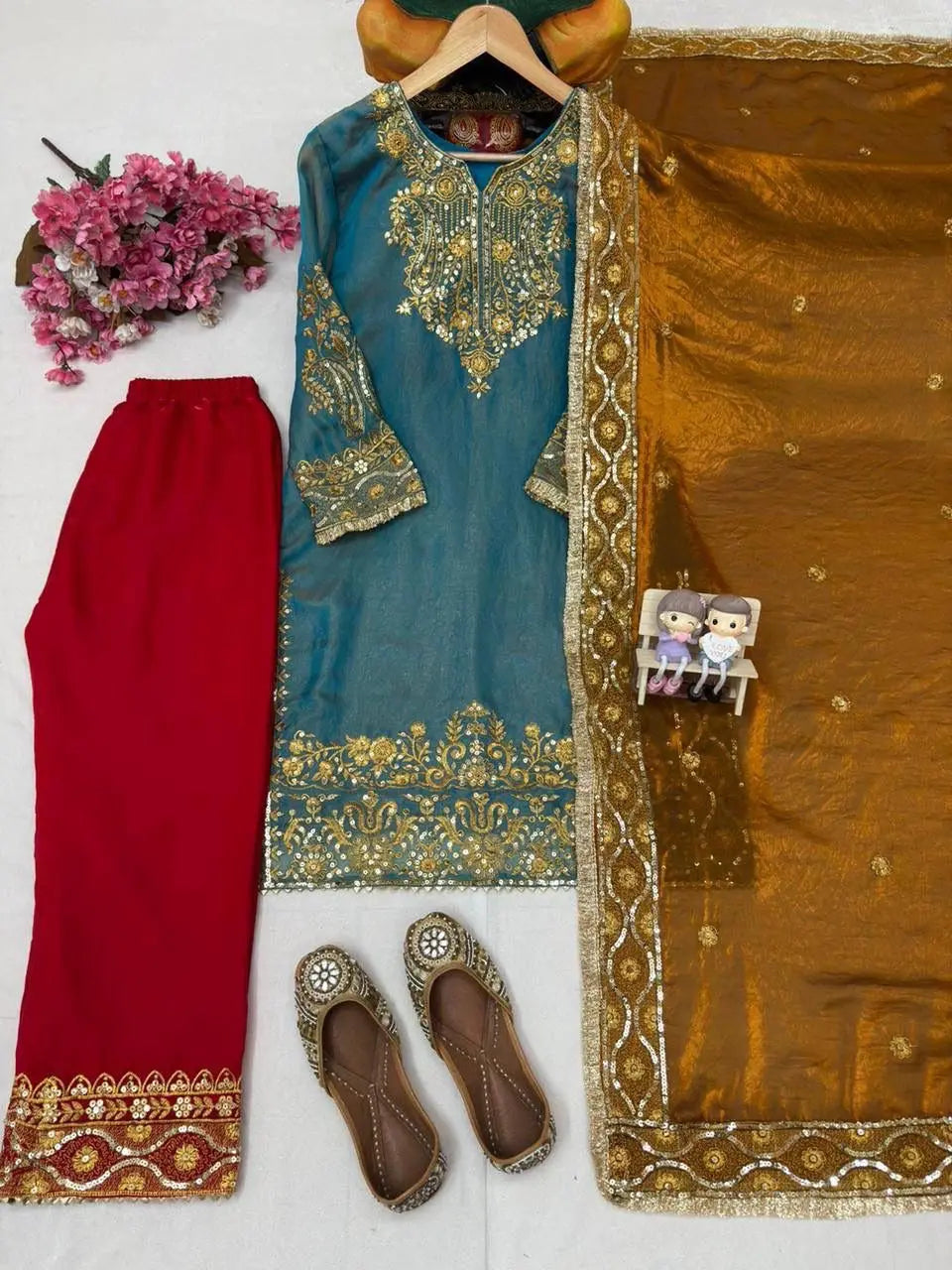 Fendy Silk Zari Embroidery Work Designer Party Wear 3 Pc Kurti Pant Dupatta Set (Ready to Wear)