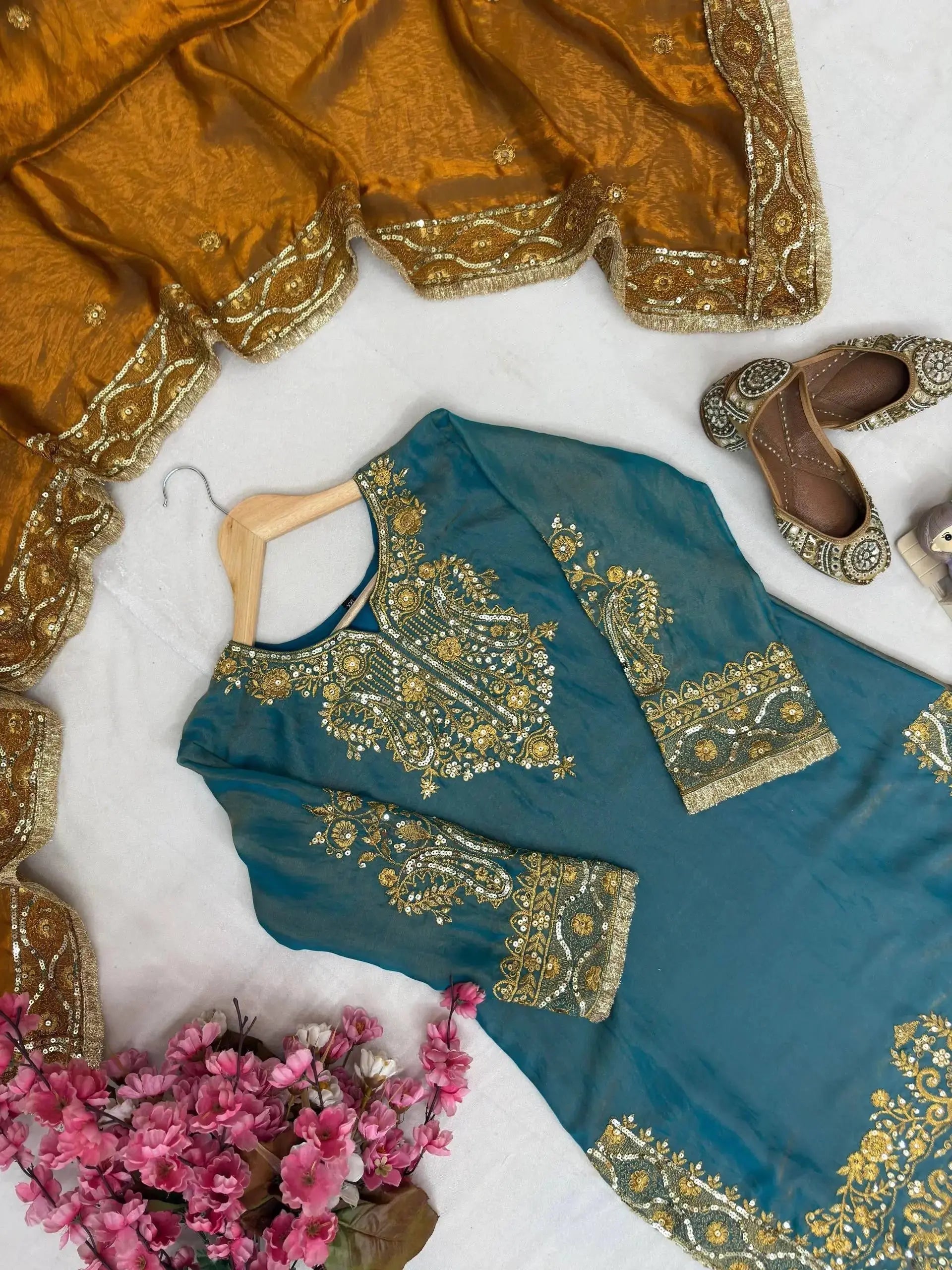 Fendy Silk Zari Embroidery Work Designer Party Wear 3 Pc Kurti Pant Dupatta Set (Ready to Wear)