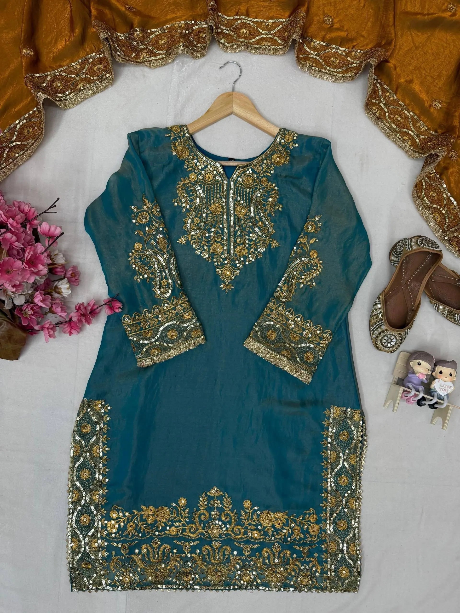 Fendy Silk Zari Embroidery Work Designer Party Wear 3 Pc Kurti Pant Dupatta Set (Ready to Wear)